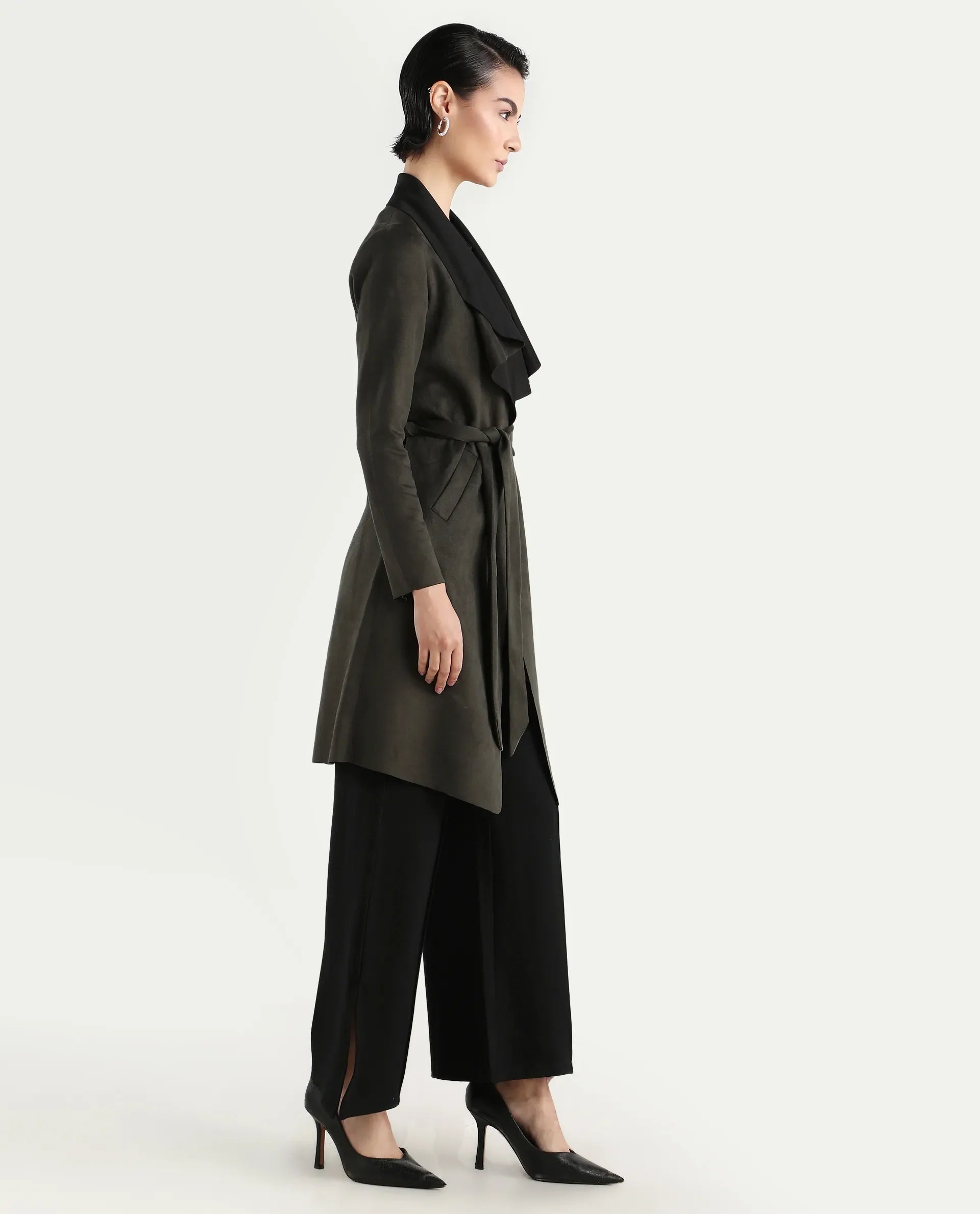 Rareism Women's Palmer 2 Olive Polyester Blend Waterfall Neck Plain Midi Boxy Fit Jacket