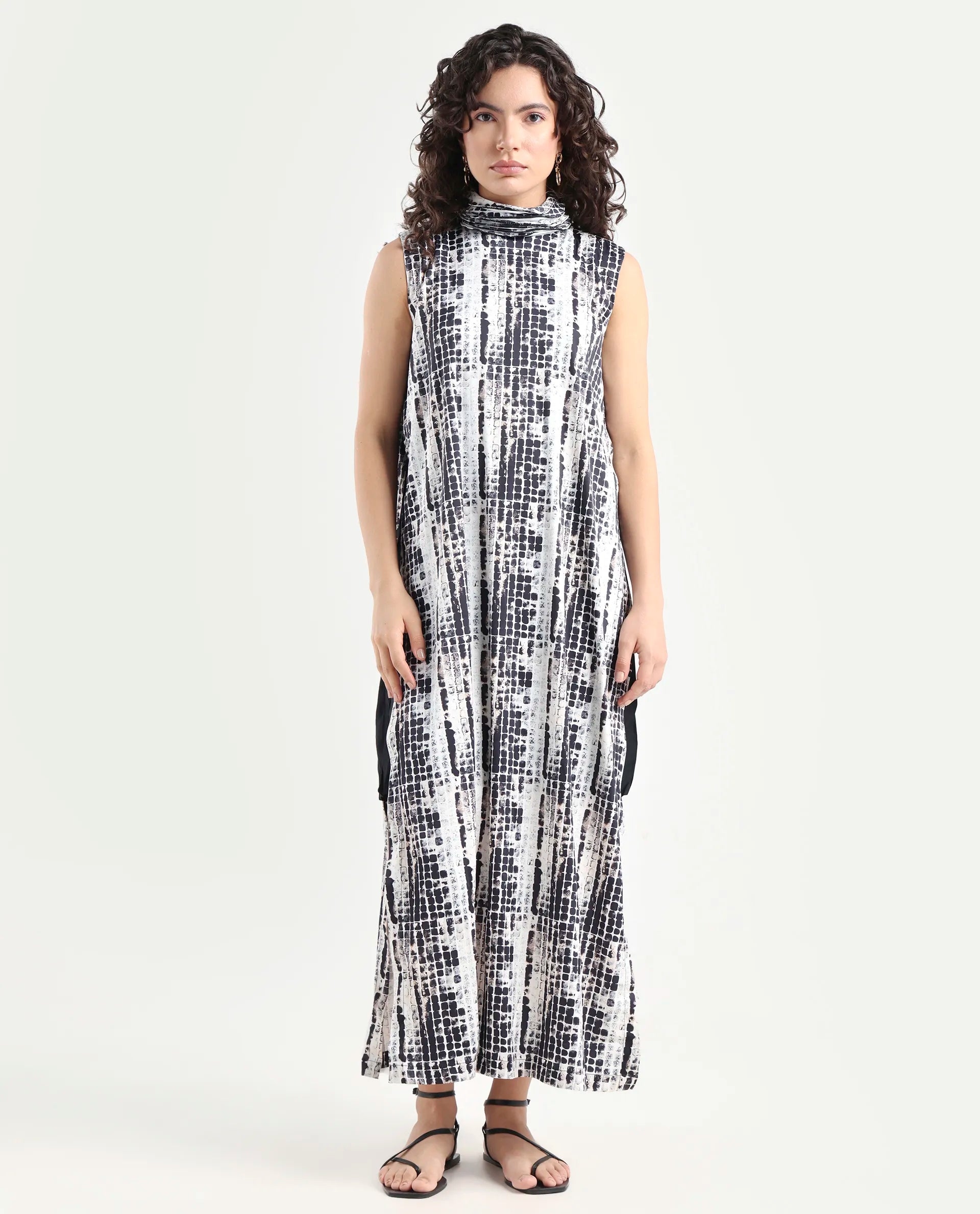 Rareism Women's Pash Black Modal Blend High Neck Abstract Print Sleeveless Maxi Regular Fit Dress