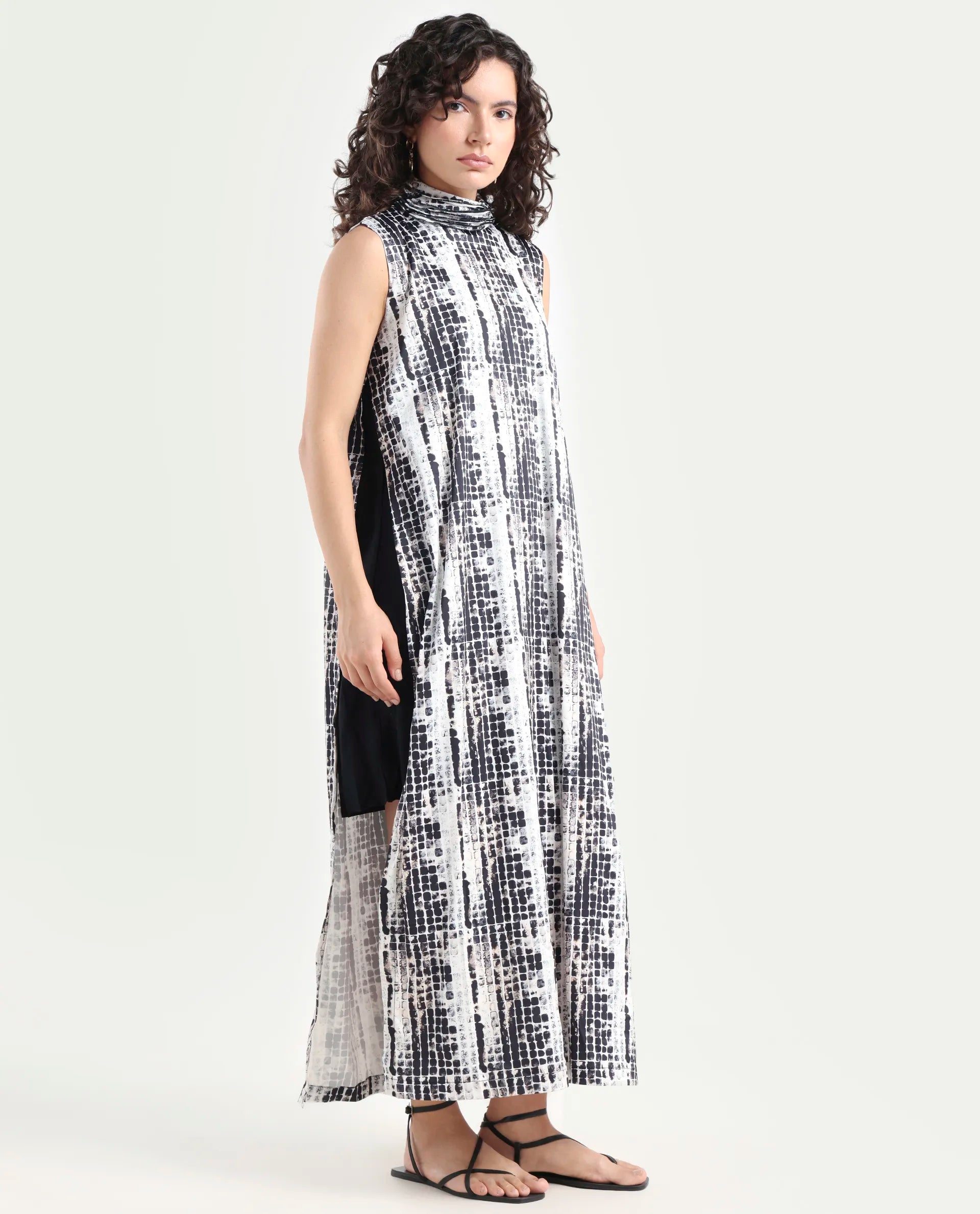 Rareism Women's Pash Black Modal Blend High Neck Abstract Print Sleeveless Maxi Regular Fit Dress