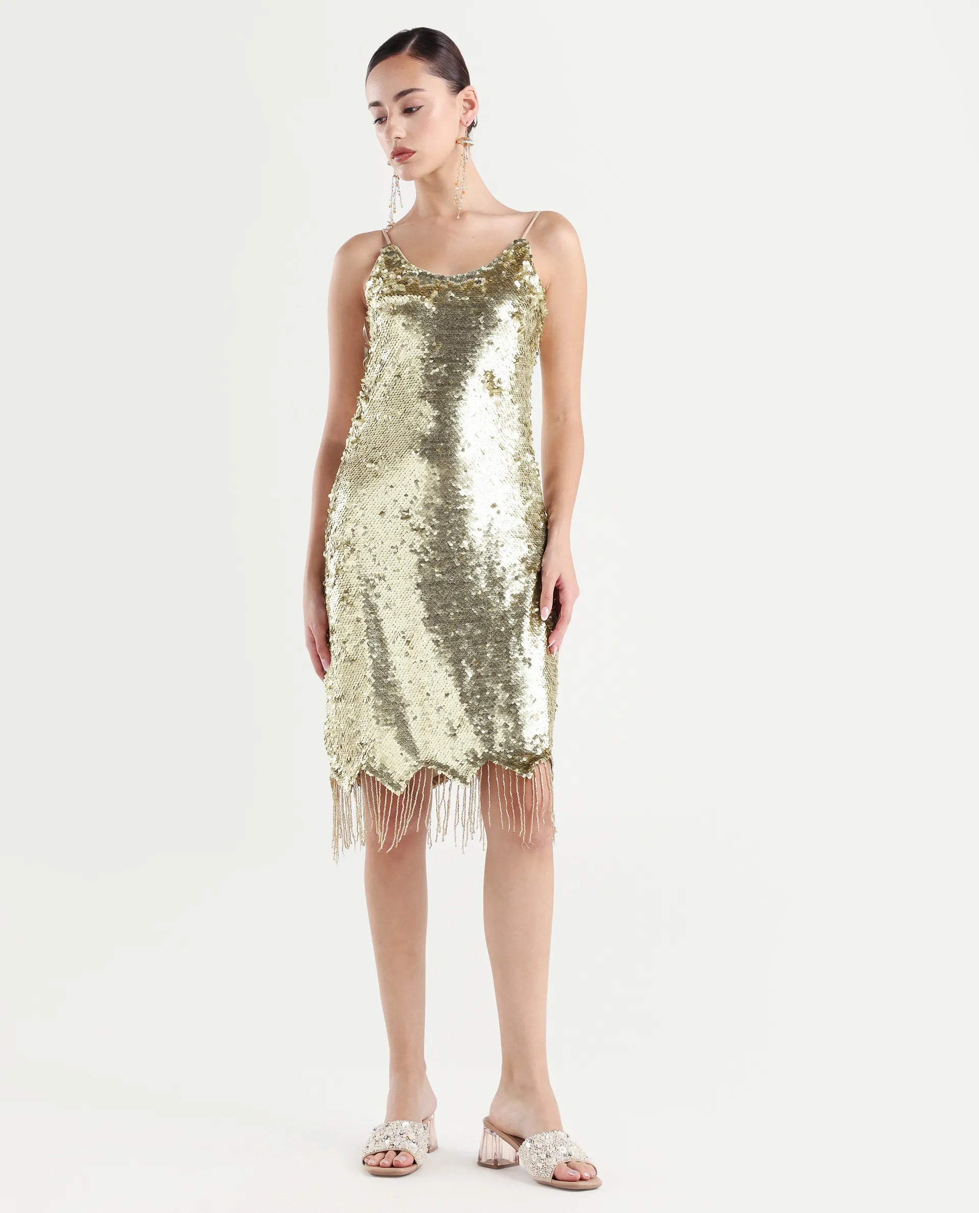 Rareism Women's Pau Sheen Gold Polyester Shoulder Strap Sequined Shoulder Strap Knee Length Regular Fit Dress