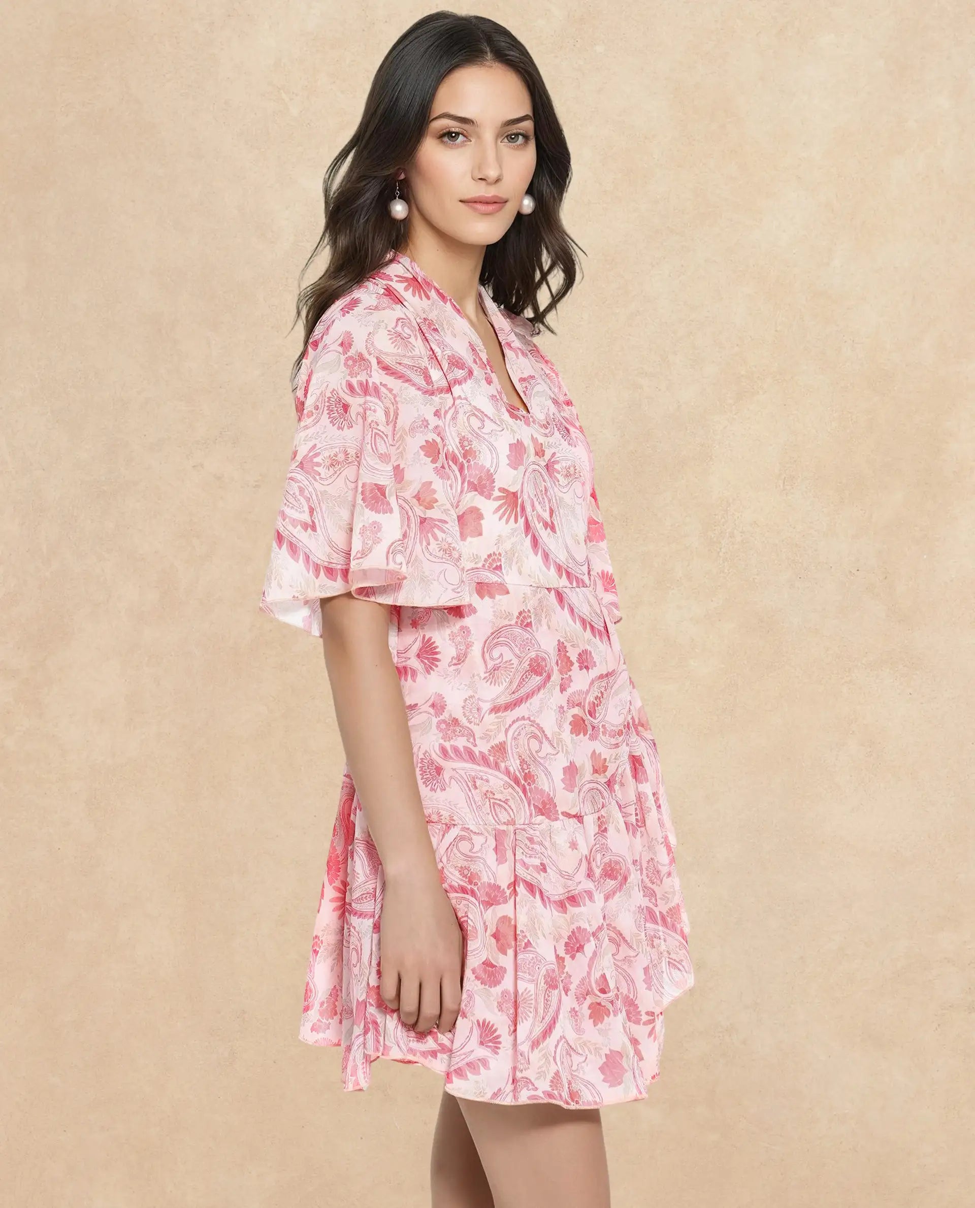 Rareism Women's Pazia Light Multi Polyester V-Neck Paisley Print Bell Sleeve Mini Fit And Flare Dress