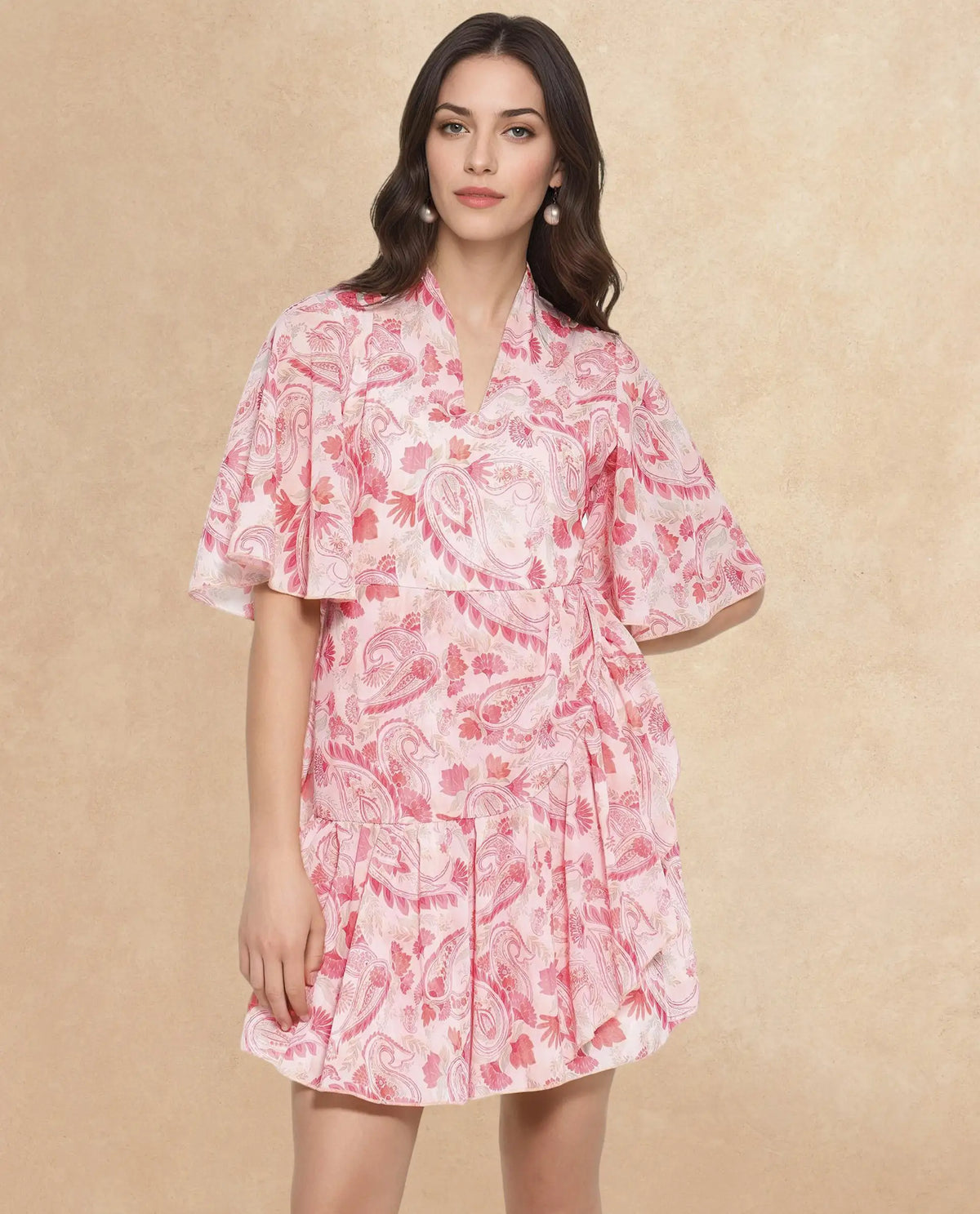 Rareism Women Pazia Light Multi Zipper Closure Bell Sleeves V-Neck Fit And Flare Paisley Print Mini Dress