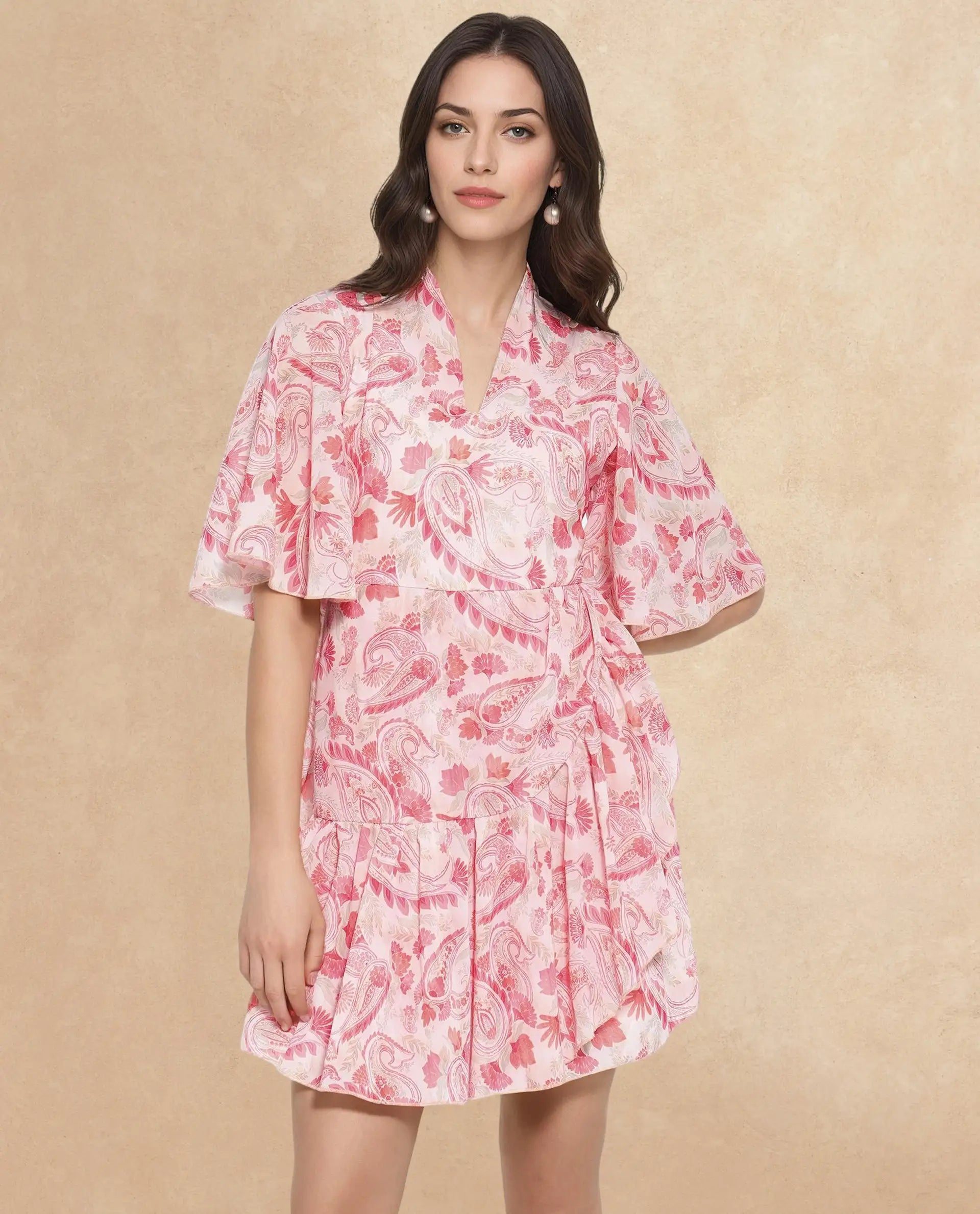 Rareism Women's Pazia Light Multi Polyester V-Neck Paisley Print Bell Sleeve Mini Fit And Flare Dress