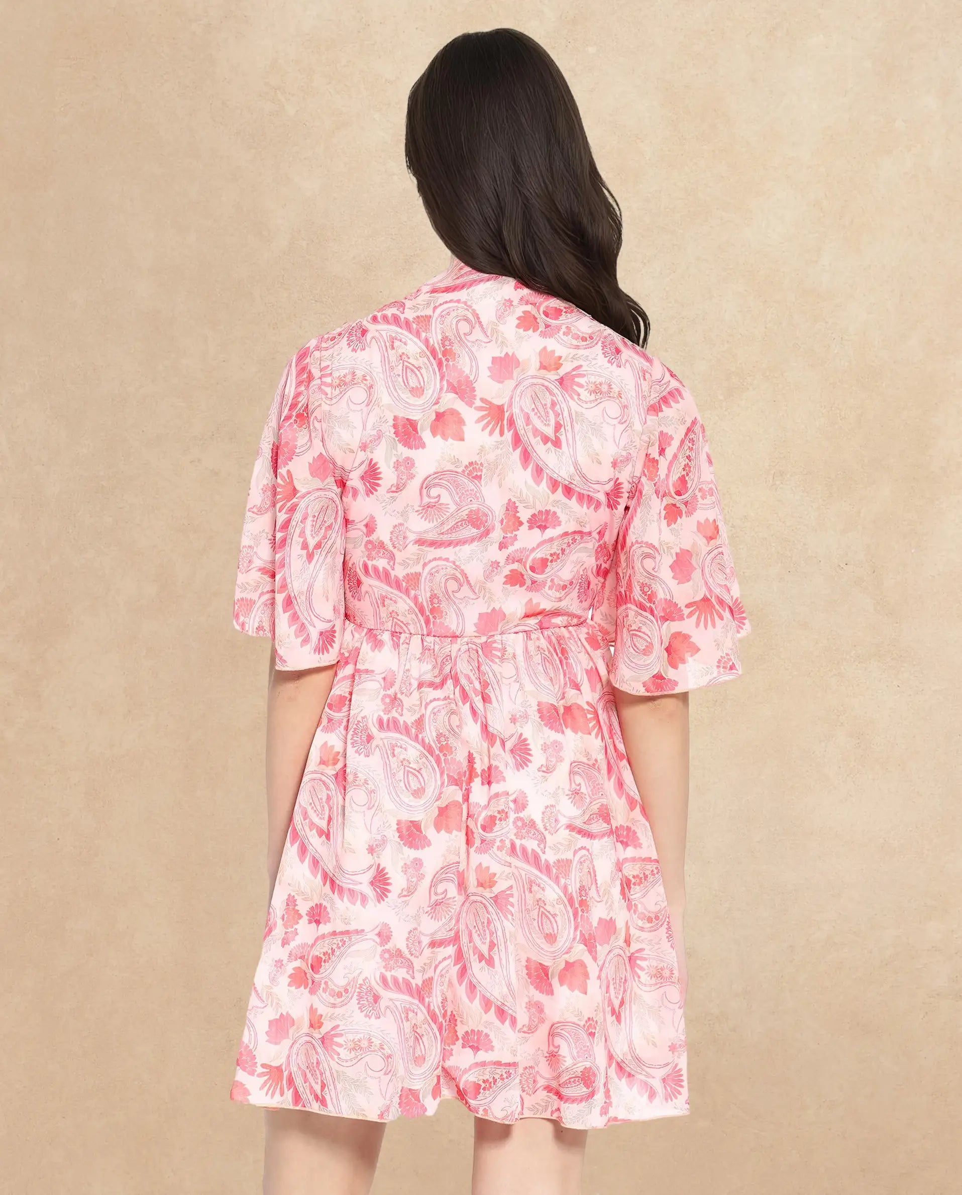 Rareism Women's Pazia Light Multi Polyester V-Neck Paisley Print Bell Sleeve Mini Fit And Flare Dress