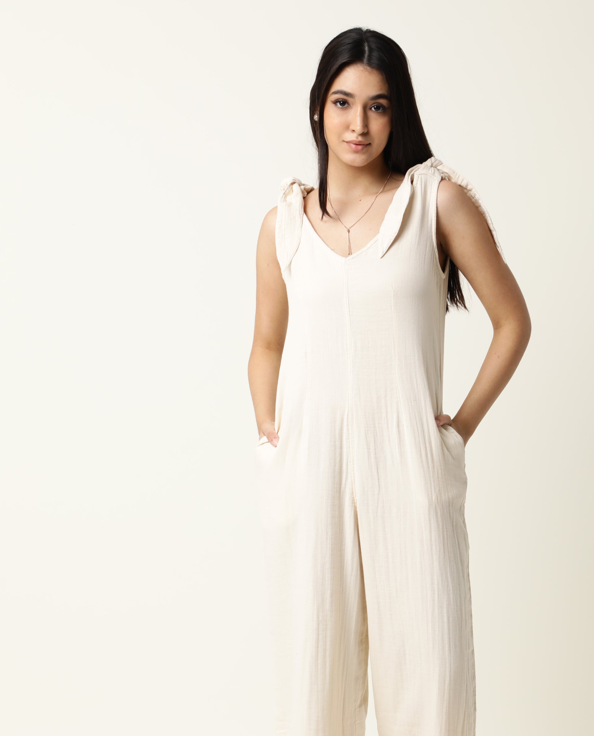 Rareism Women Peanut Beige Cotton Fabric Tailored Fit Knee Length Solid Jumpsuit