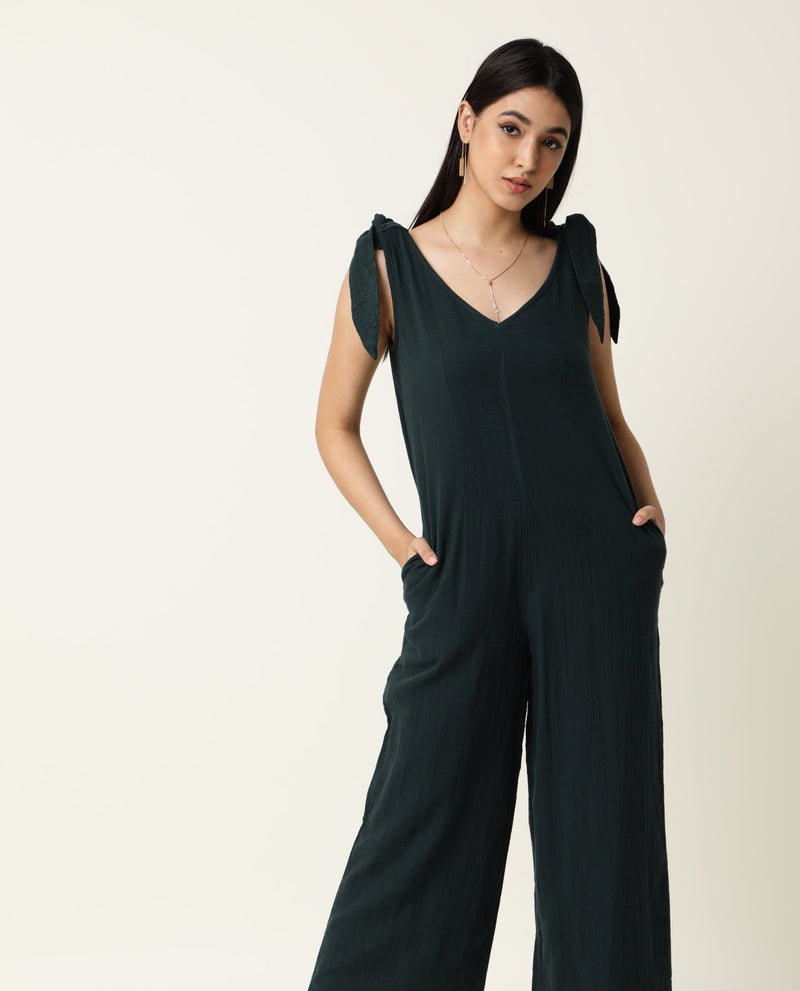 Rareism Women Peanut Dark Green Cotton Fabric Tailored Fit Knee Length Solid Jumpsuit