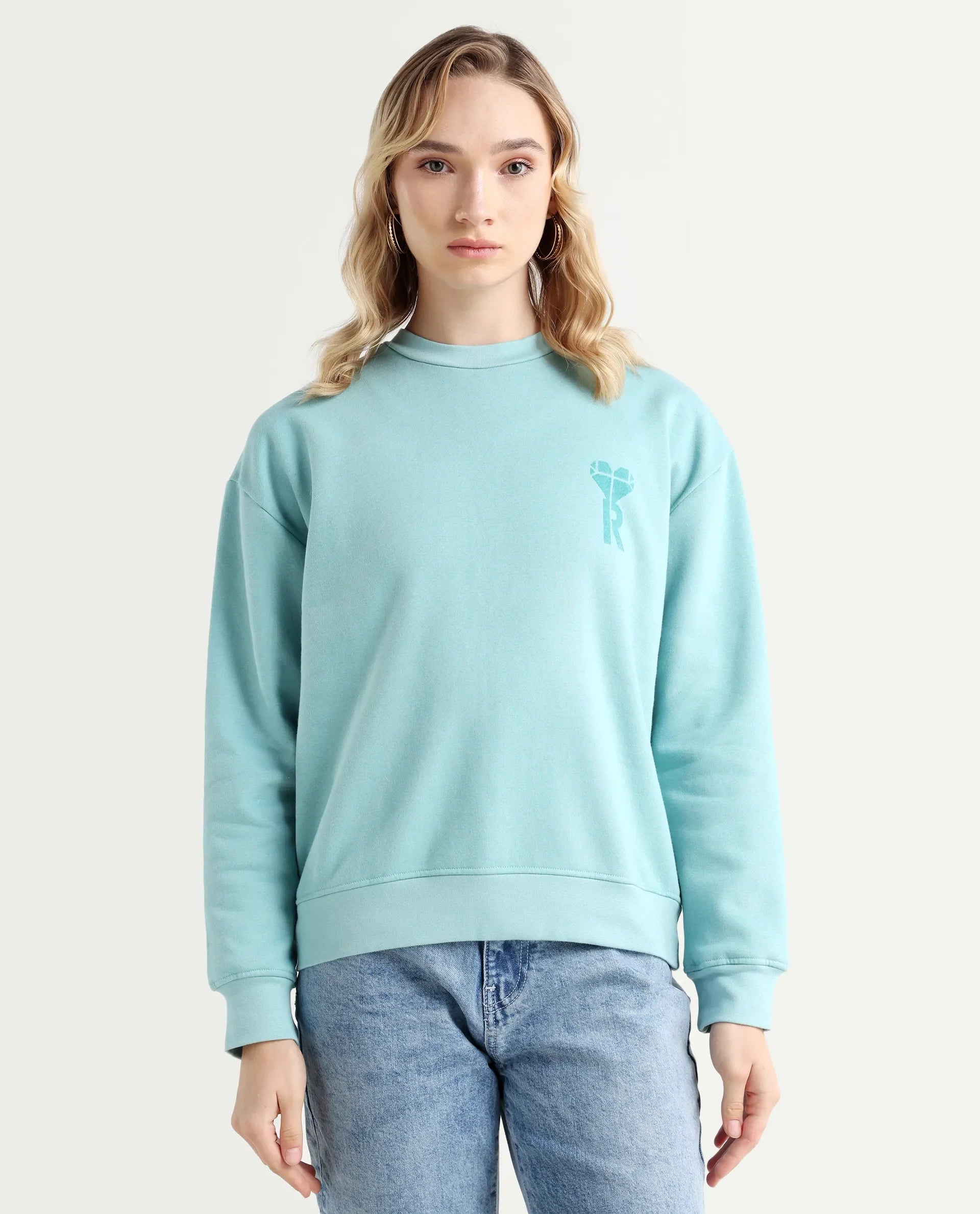 Rareism Women's Pelso Turq Polyester Blend Ribbed Collar Plain Cuffed Sleeve Relaxed Fit Sweatshirt