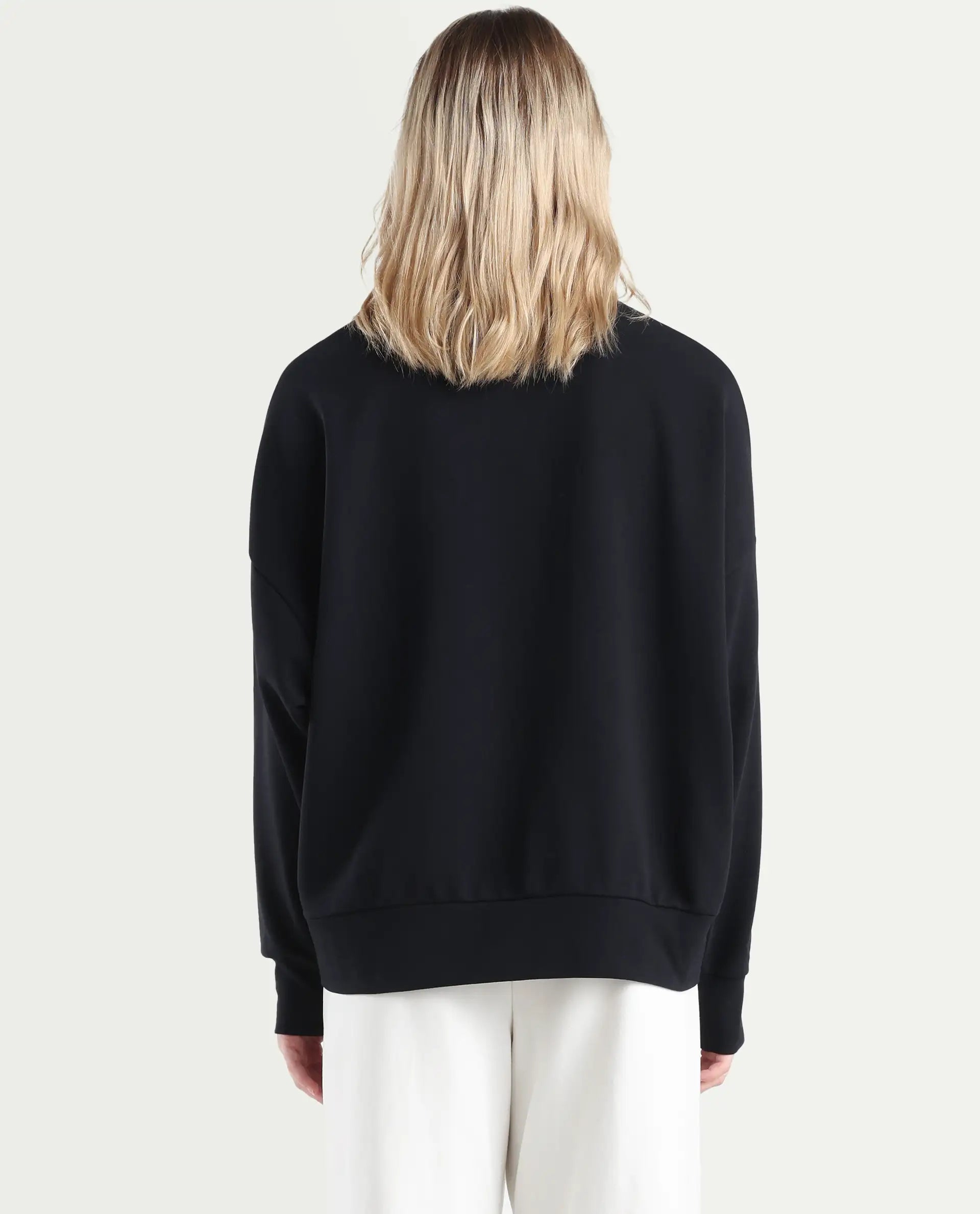 Rareism Women's Perl Black Cotton Blend Crew Neck Relaxed Fit Printed Sweatshirt