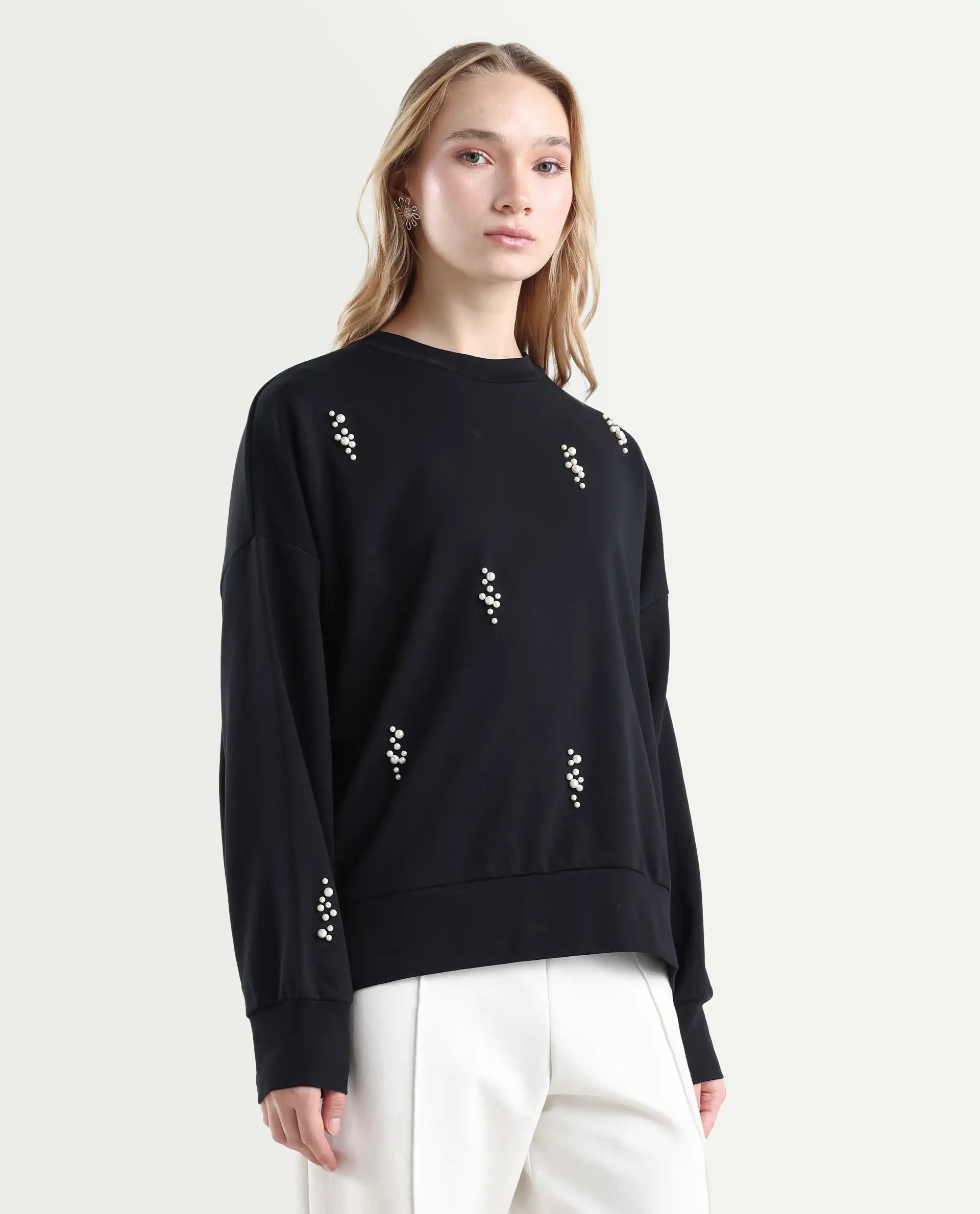 Rareism Women's Perl Black Cotton Blend Crew Neck Relaxed Fit Printed Sweatshirt