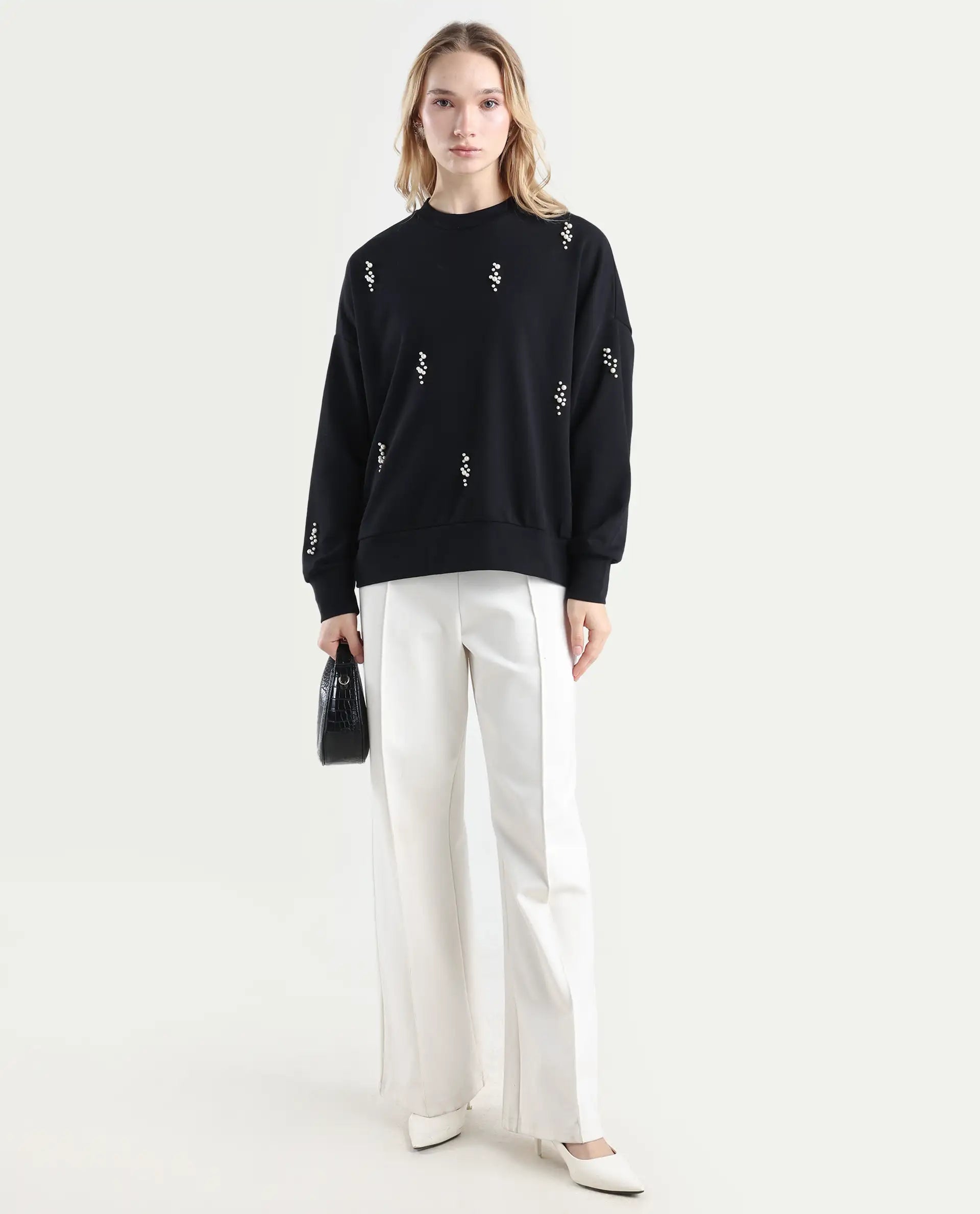 Rareism Women's Perl Black Cotton Blend Crew Neck Relaxed Fit Printed Sweatshirt