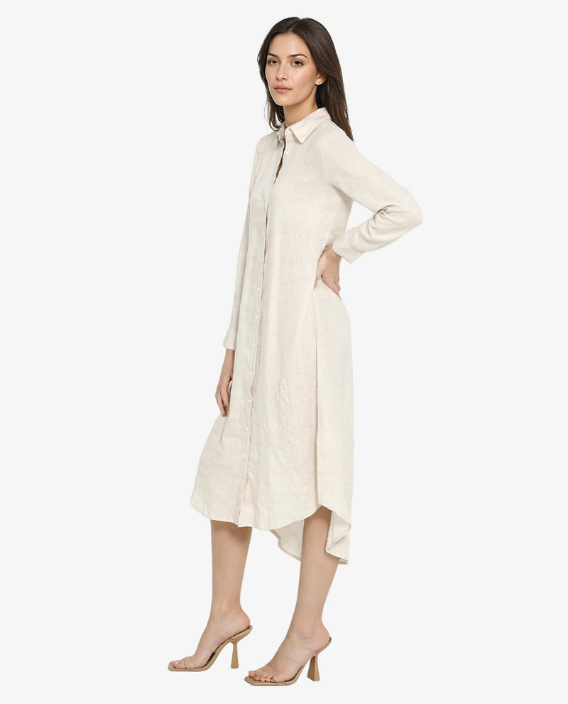 Rareism Women Peruviano Beige Cotton Linen Fabric Full Sleeve Collared Neck Solid Regular Length Dress