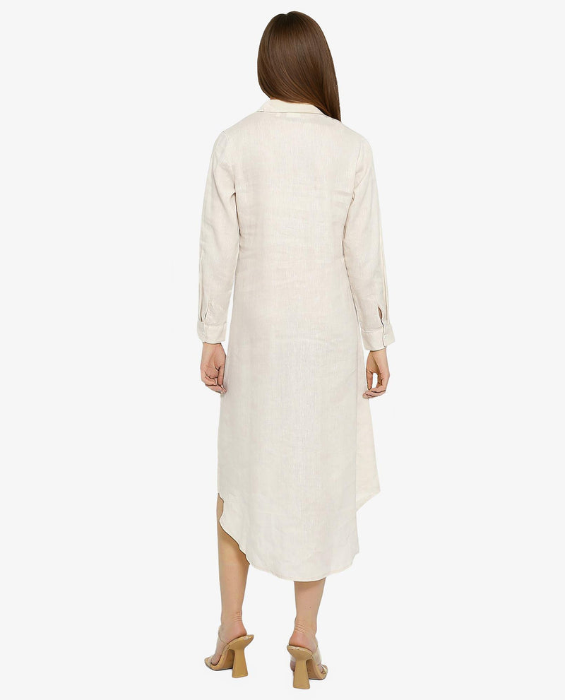 Rareism Women Peruviano Beige Cotton Linen Fabric Full Sleeve Collared Neck Solid Regular Length Dress