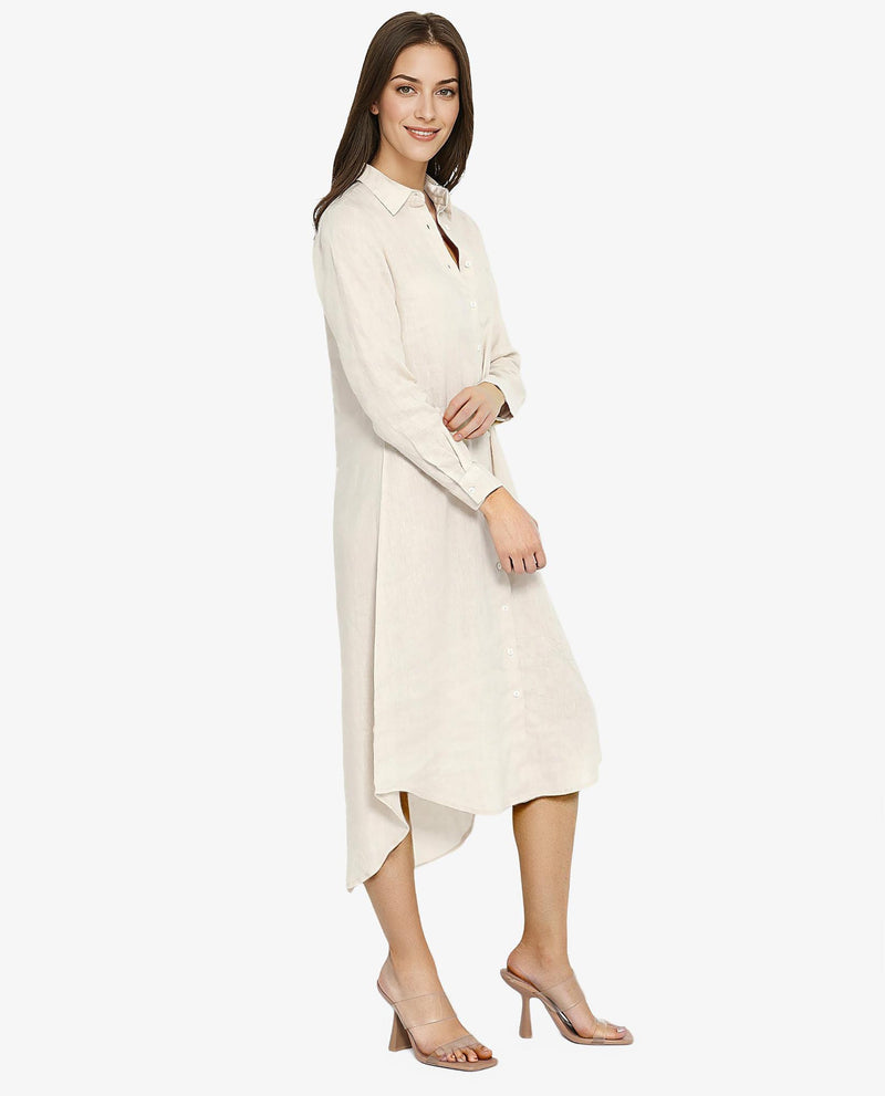 Rareism Women Peruviano Beige Cotton Linen Fabric Full Sleeve Collared Neck Solid Regular Length Dress