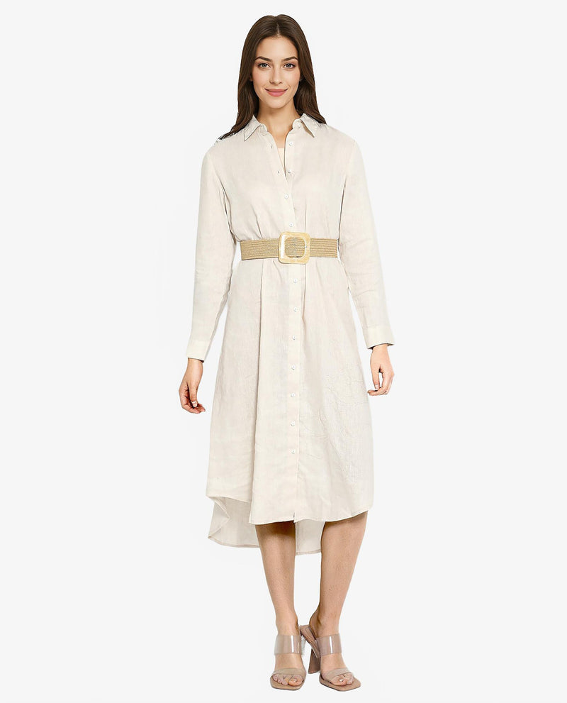 Rareism Women Peruviano Beige Cotton Linen Fabric Full Sleeve Collared Neck Solid Regular Length Dress