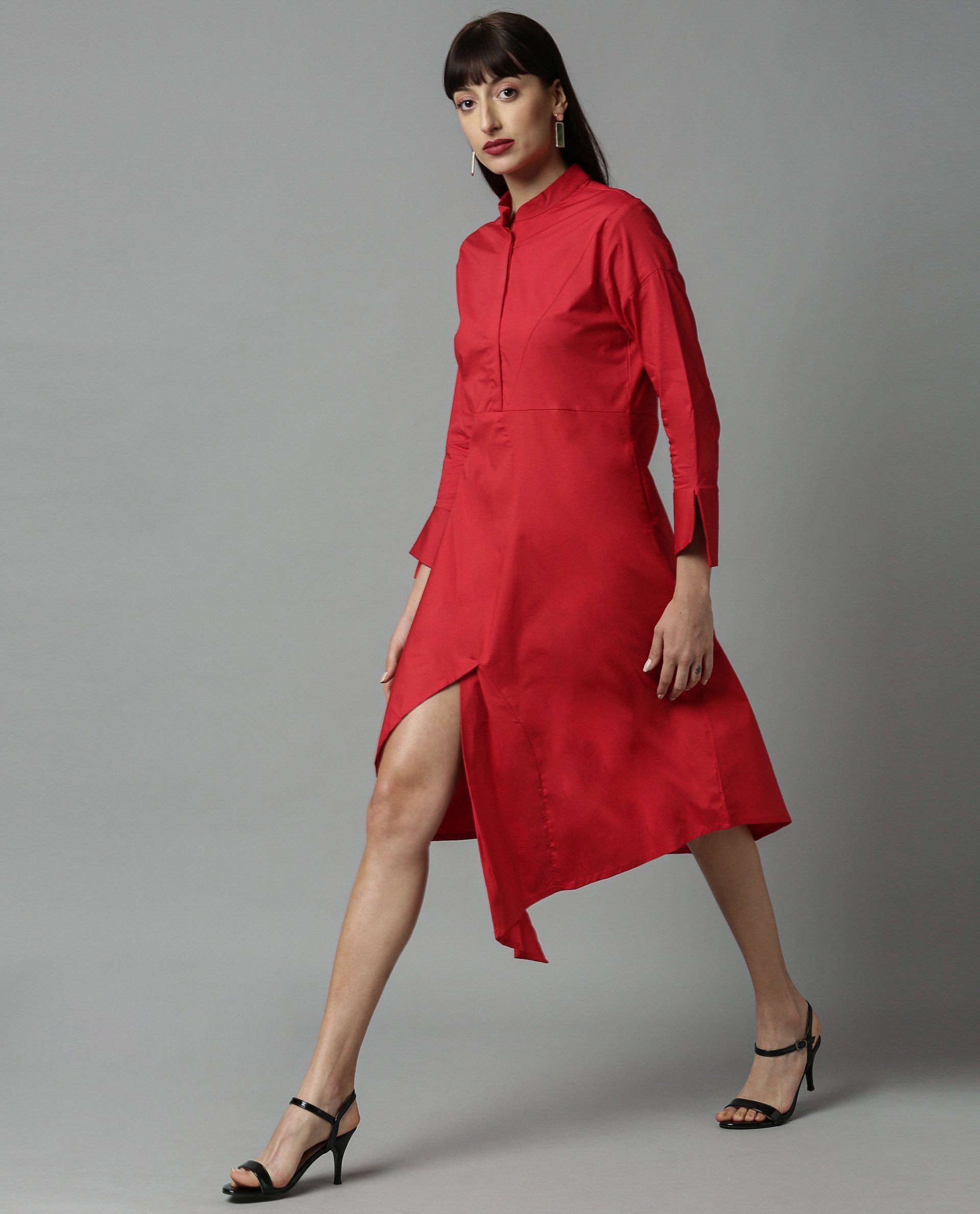 Rareism Women Petal Red Dress Full Sleeves
