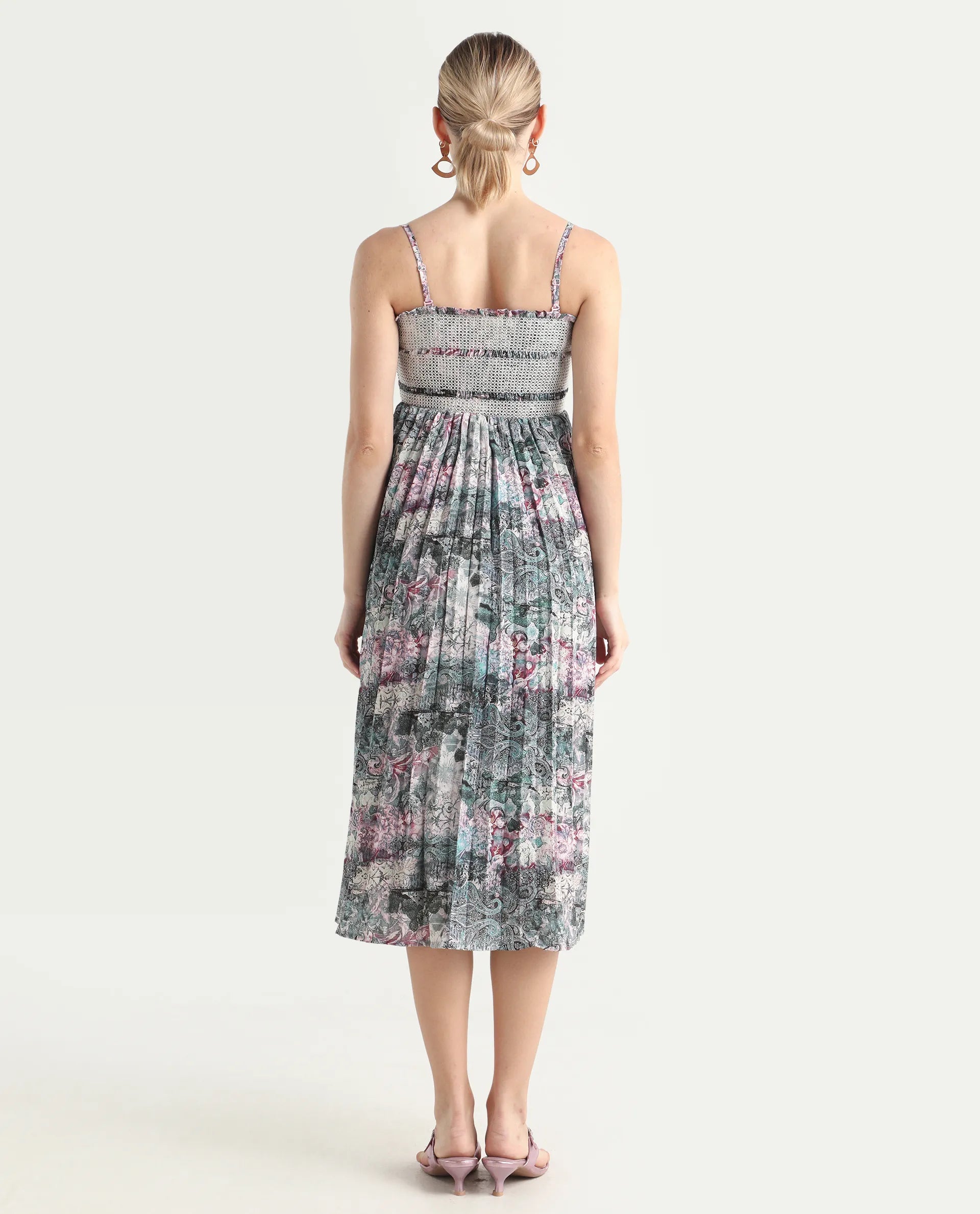 Rareism Women's Phanks Multi Polyester Tube Neck Abstract Print Sleeveless Midi Fit And Flare Dress