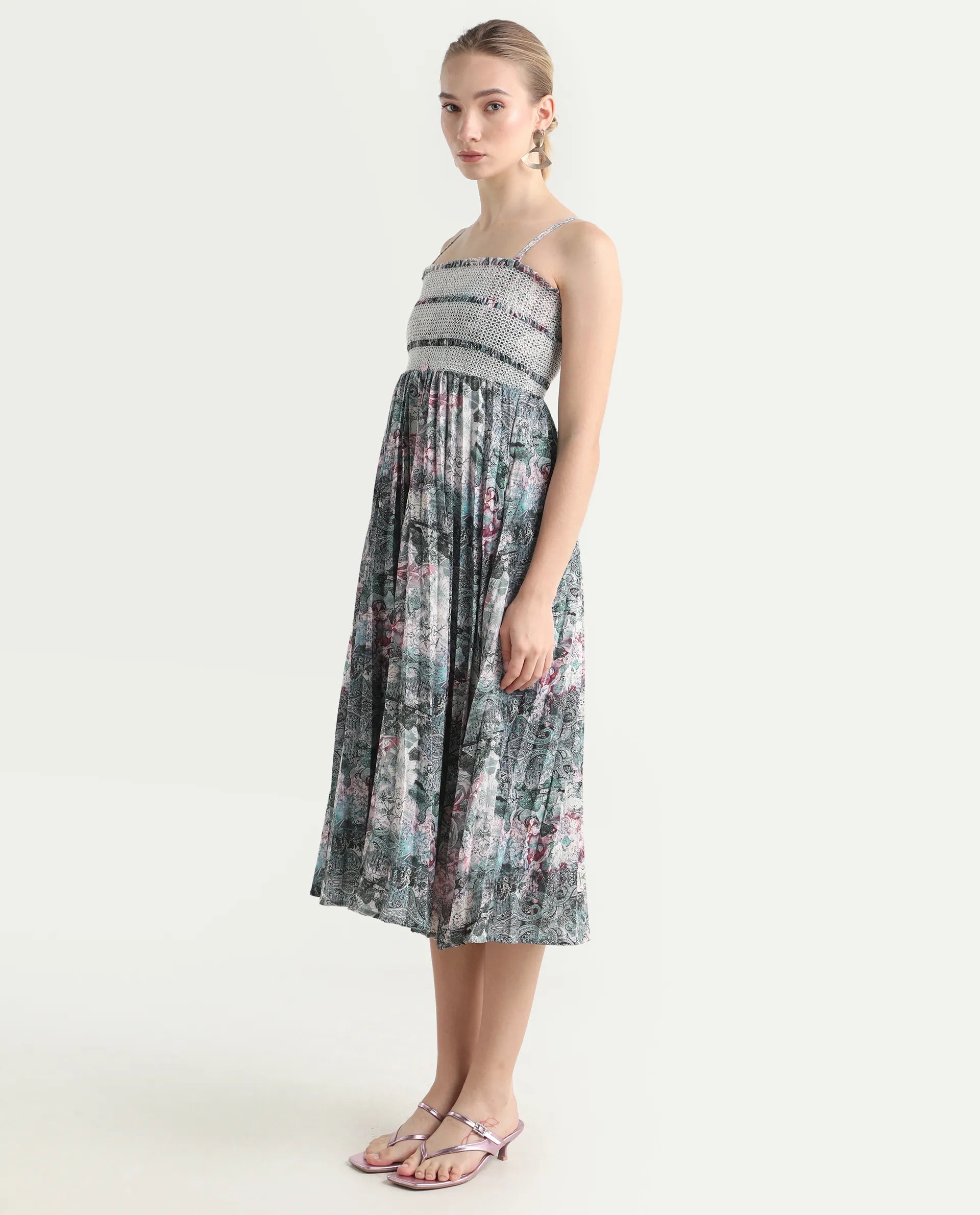 Rareism Women's Phanks Multi Polyester Tube Neck Abstract Print Sleeveless Midi Fit And Flare Dress