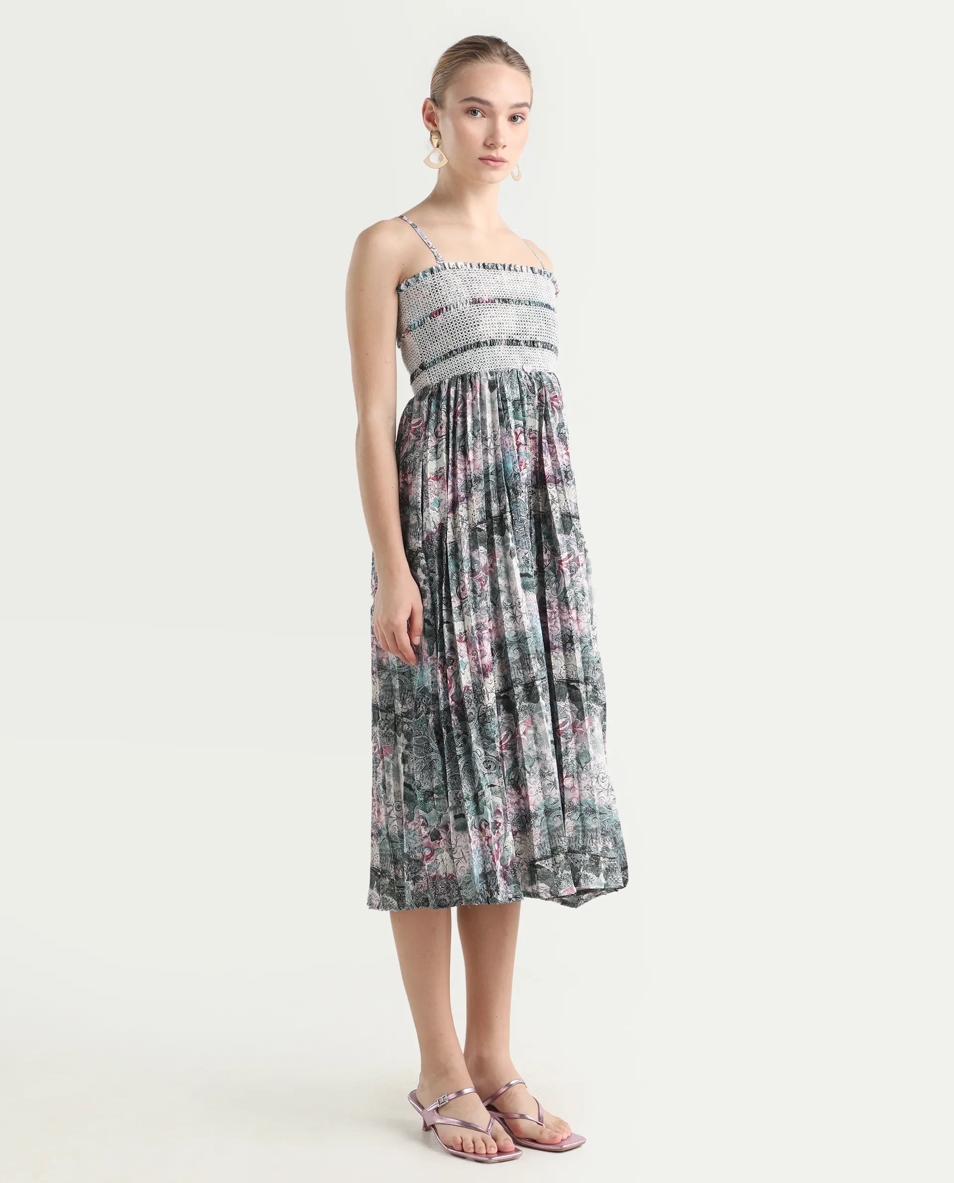 Rareism Women's Phanks Multi Polyester Tube Neck Abstract Print Sleeveless Midi Fit And Flare Dress