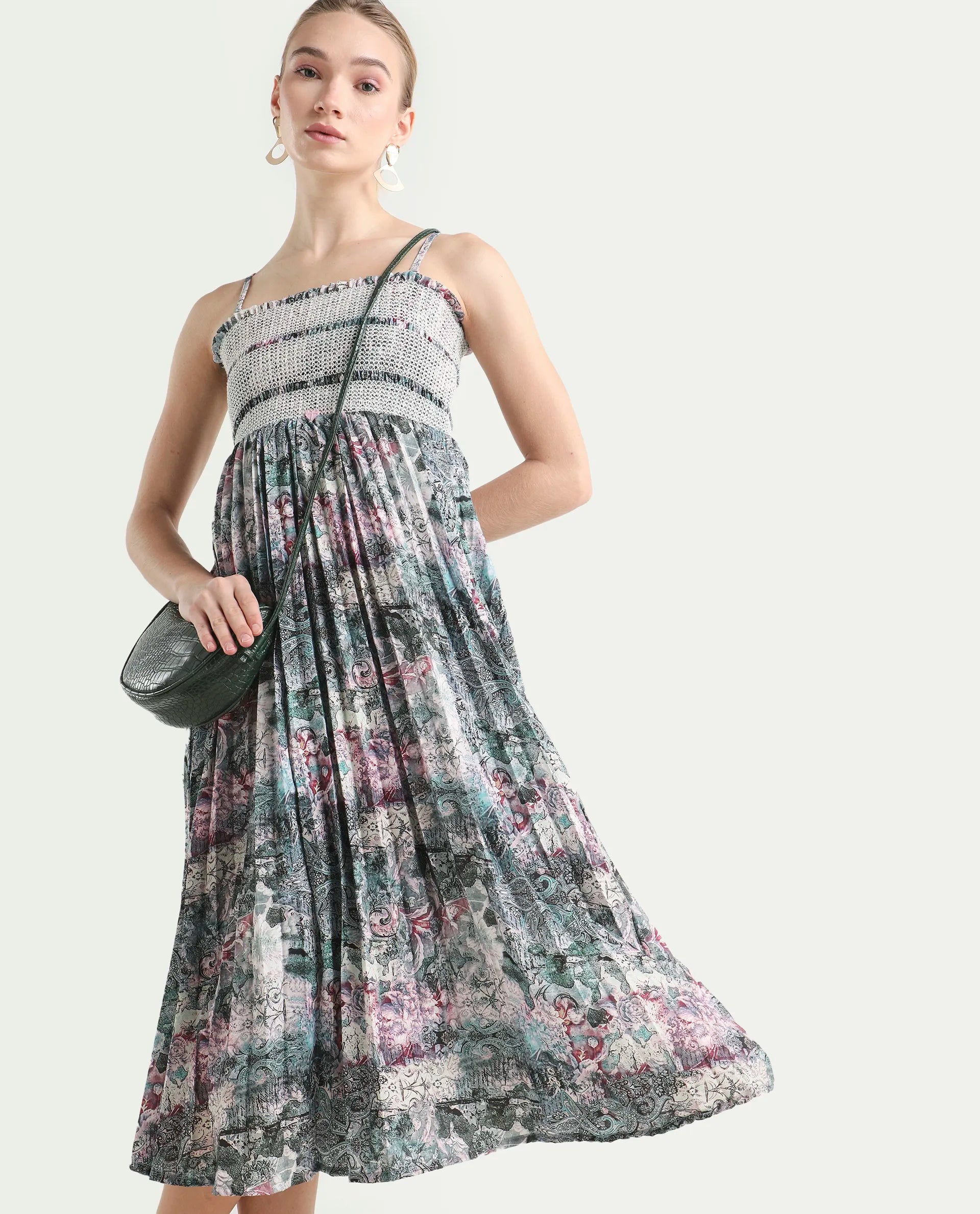 Rareism Women's Phanks Multi Polyester Tube Neck Abstract Print Sleeveless Midi Fit And Flare Dress