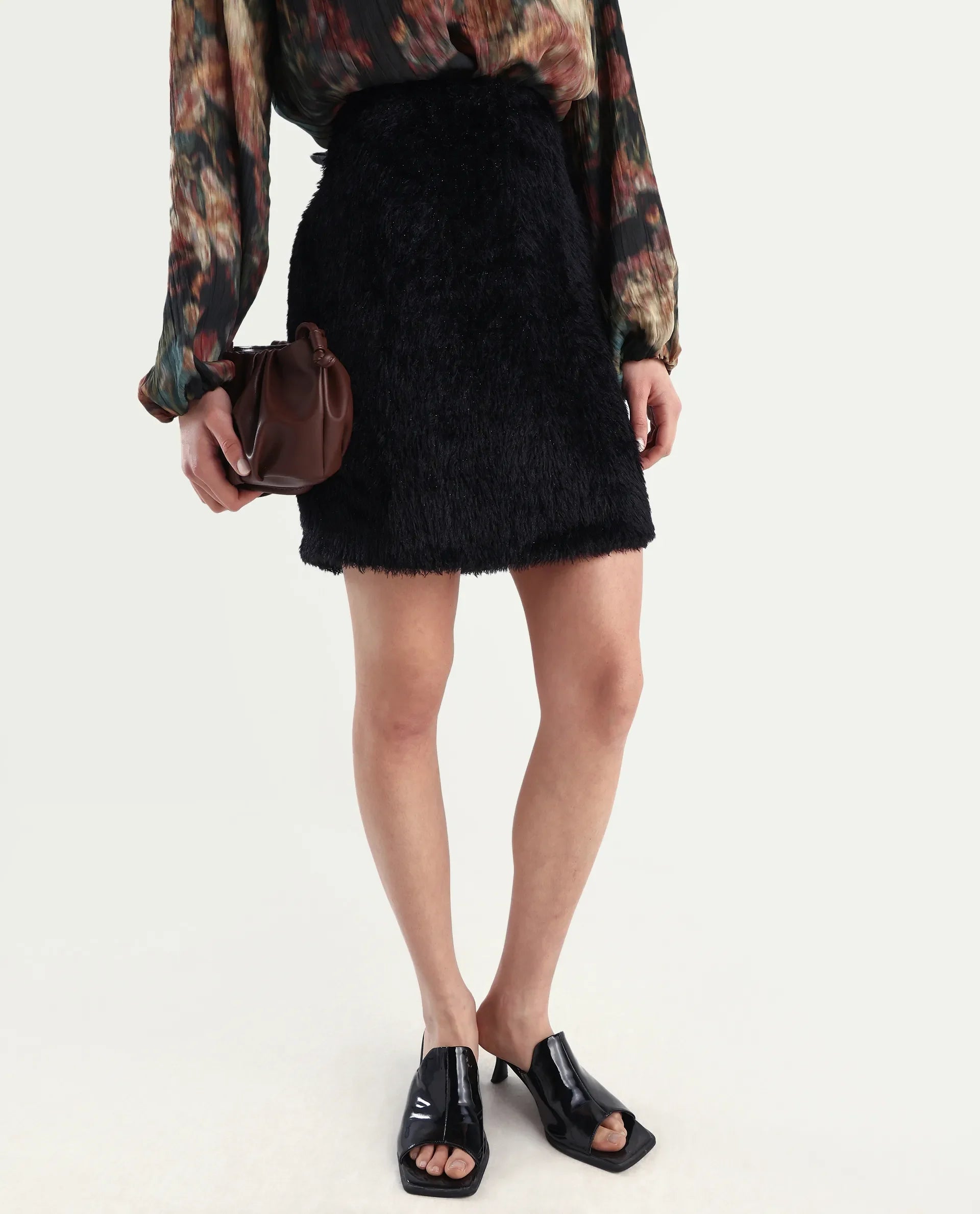 Rareism Women's Pilxar B Black Acrylic Dyed Mini Fitted Skirt