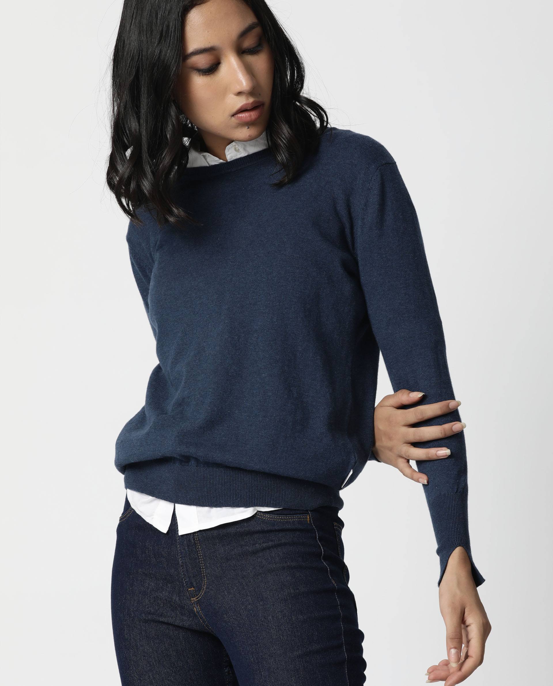 Rareism Women Plum Blue Cotton Fabric Full Sleeves Regular Fit Ribbed Ribbed Collar Sweater