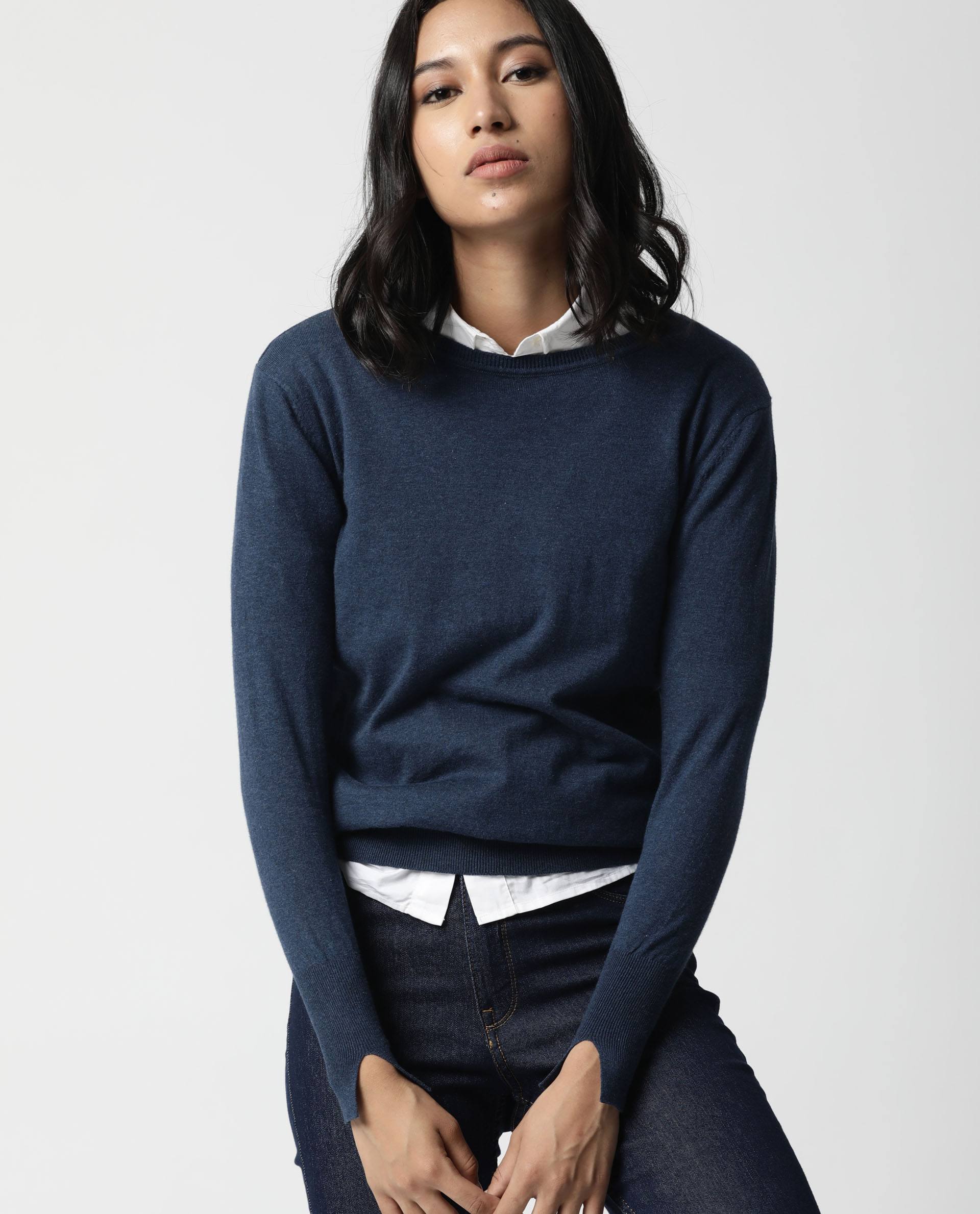 Rareism Women Plum Blue Cotton Fabric Full Sleeves Regular Fit Ribbed Ribbed Collar Sweater