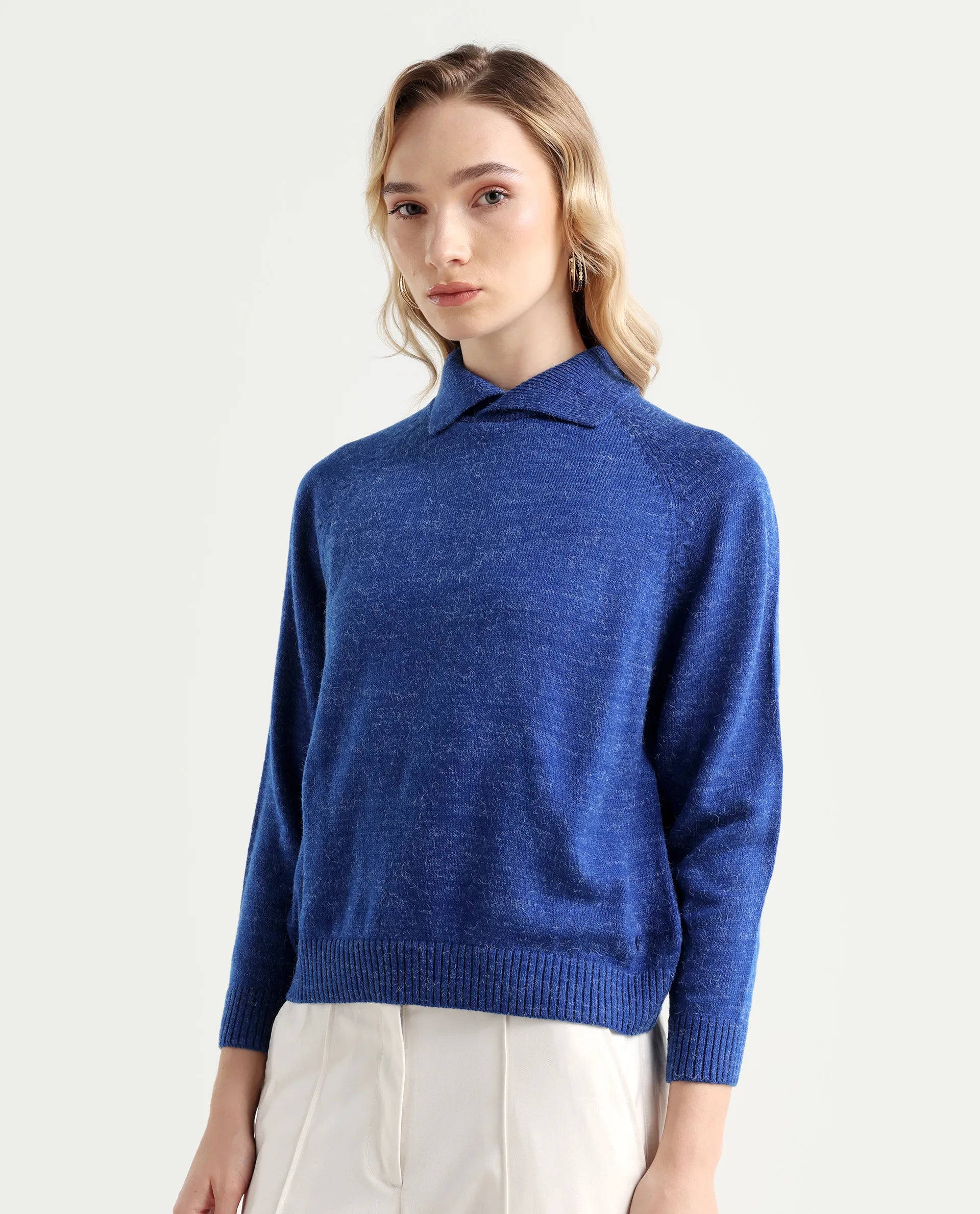 Rareism Women's Polish Blue Acrylic Spread Collar Plain Knee Length Regular Fit Sweater