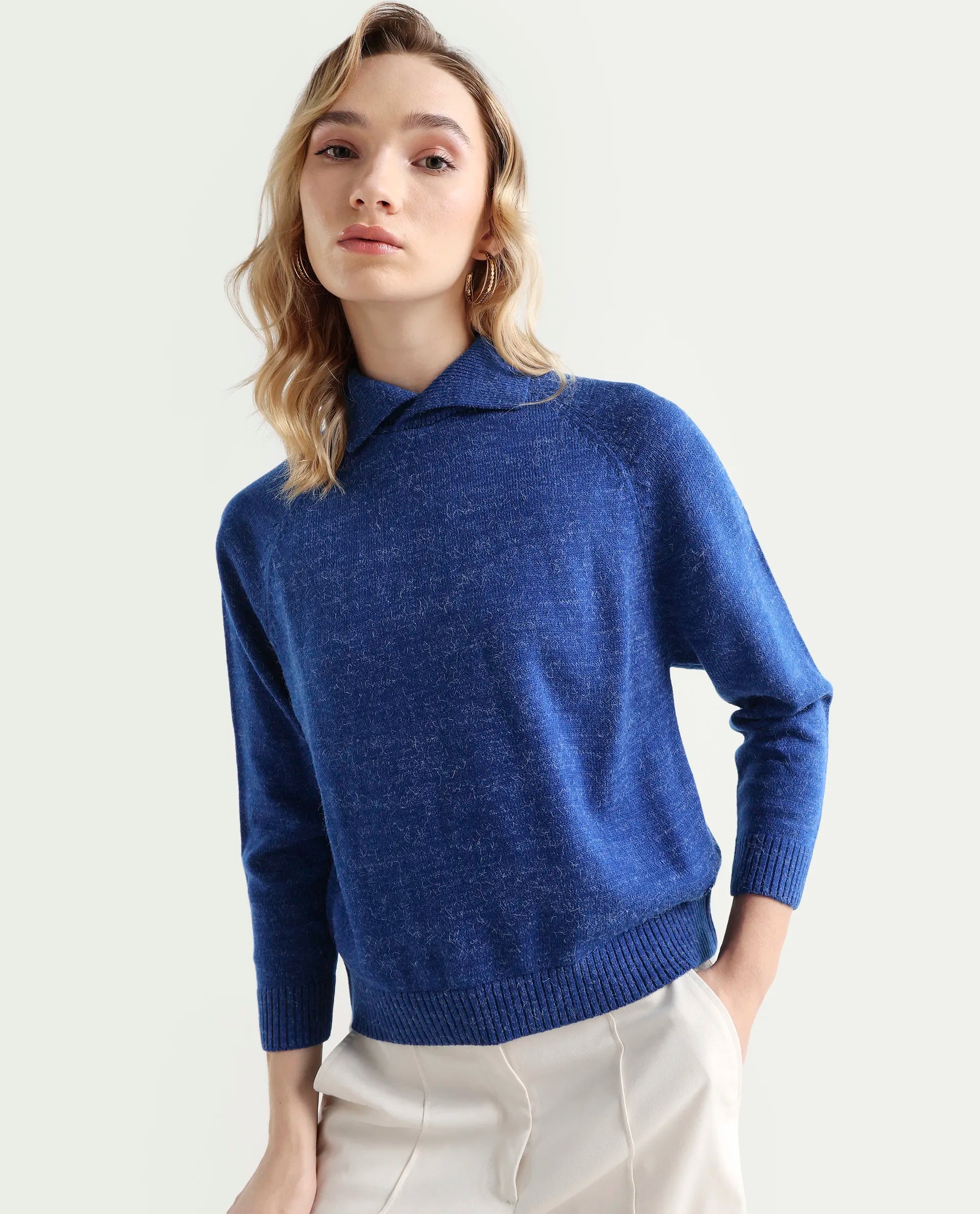 Rareism Women's Polish Blue Acrylic Spread Collar Plain Knee Length Regular Fit Sweater