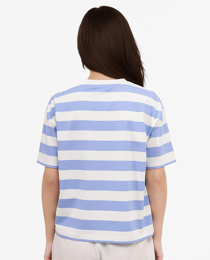 Rareism Women Prandant Blue Cotton Elastane Fabric Crew Neck Knit Stripe T-Shirt