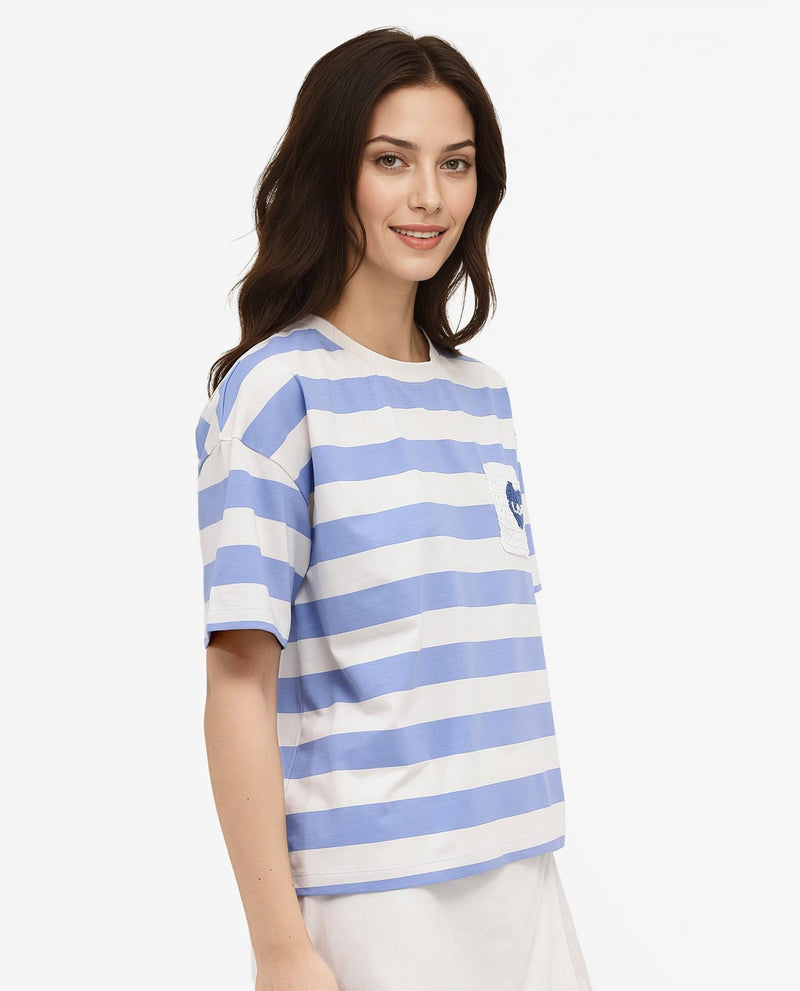 Rareism Women Prandant Blue Cotton Elastane Fabric Crew Neck Knit Stripe T-Shirt