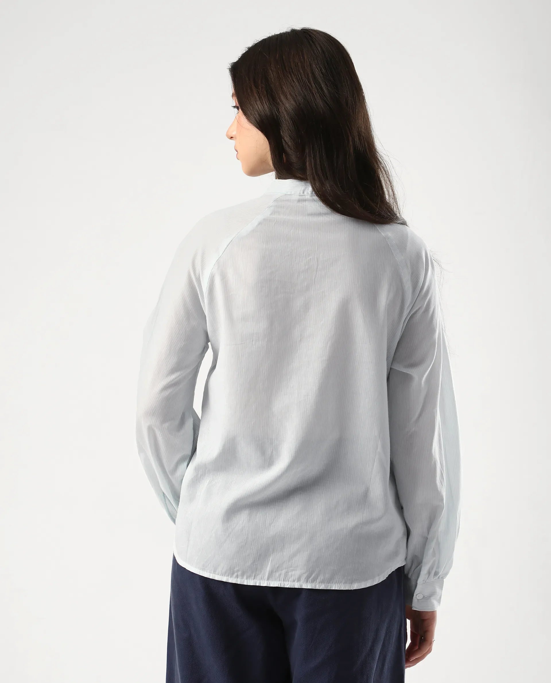 Rareism Women's Preb Blue Cotton Mandarin Collar Striped Bishop Sleeve Regular Fit Top