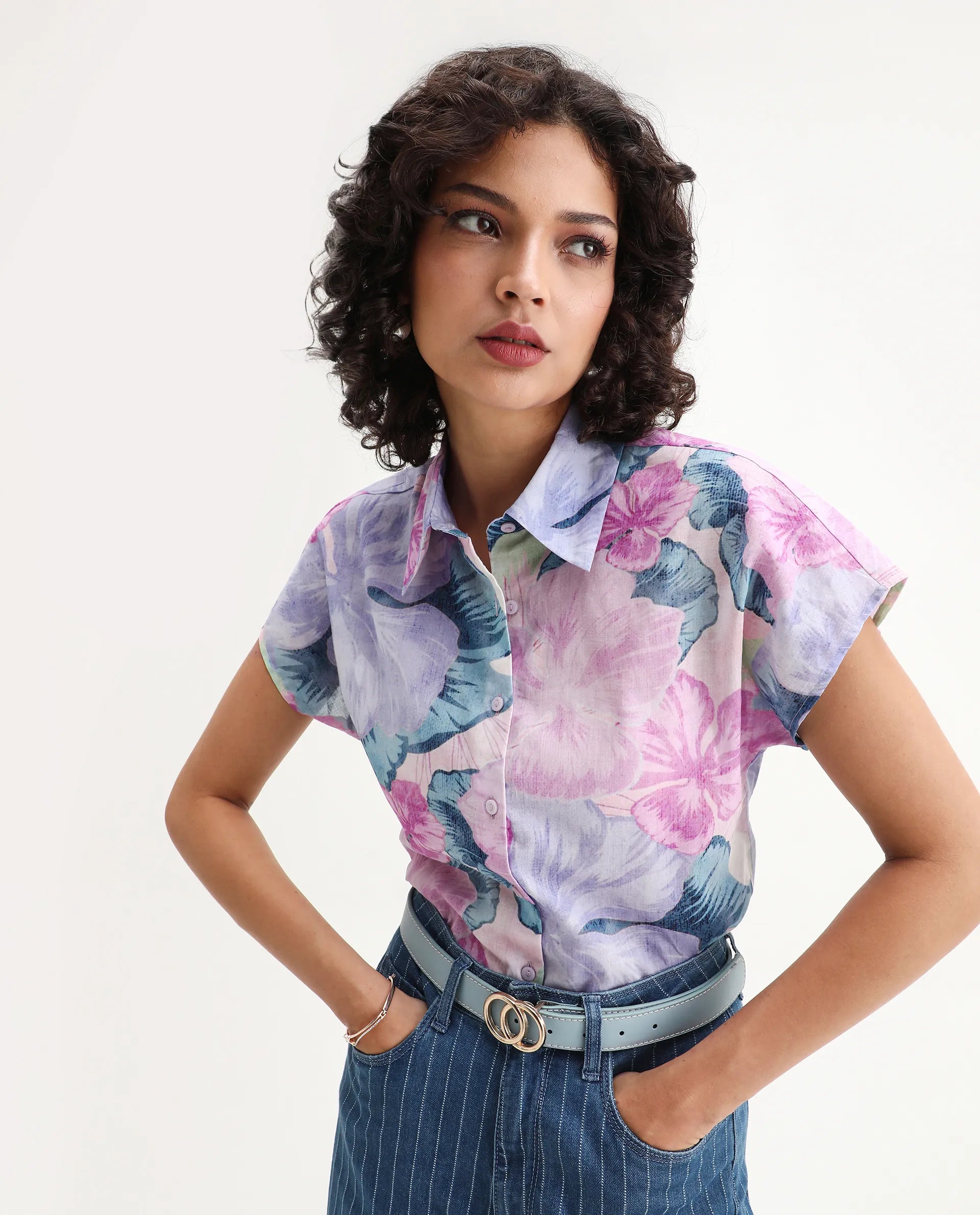 Rareism Women's Prell Multi Cotton Spread Collar Floral Print Sleeveless Regular Fit Top