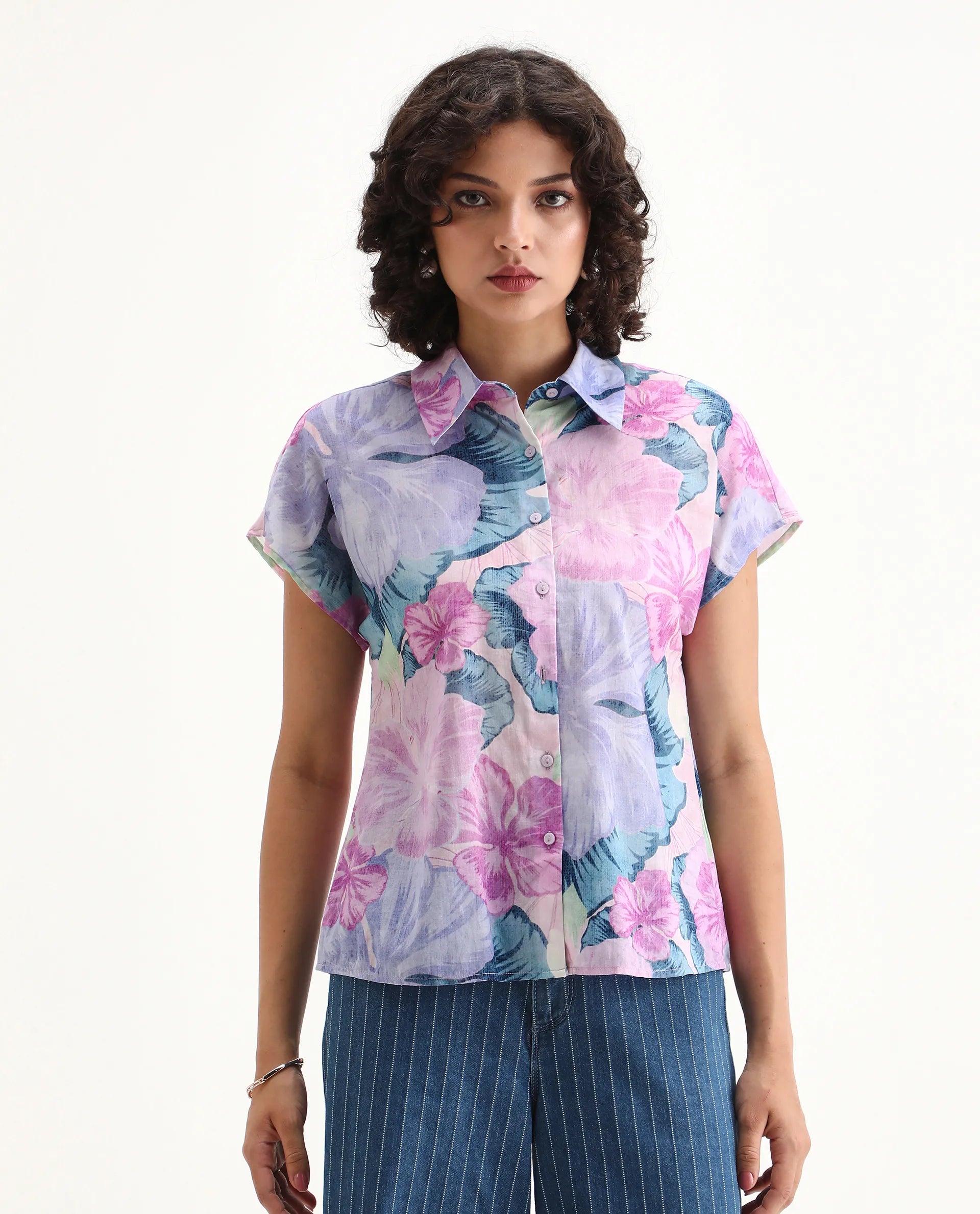 Rareism Women's Prell Multi Cotton Spread Collar Floral Print Sleeveless Regular Fit Top