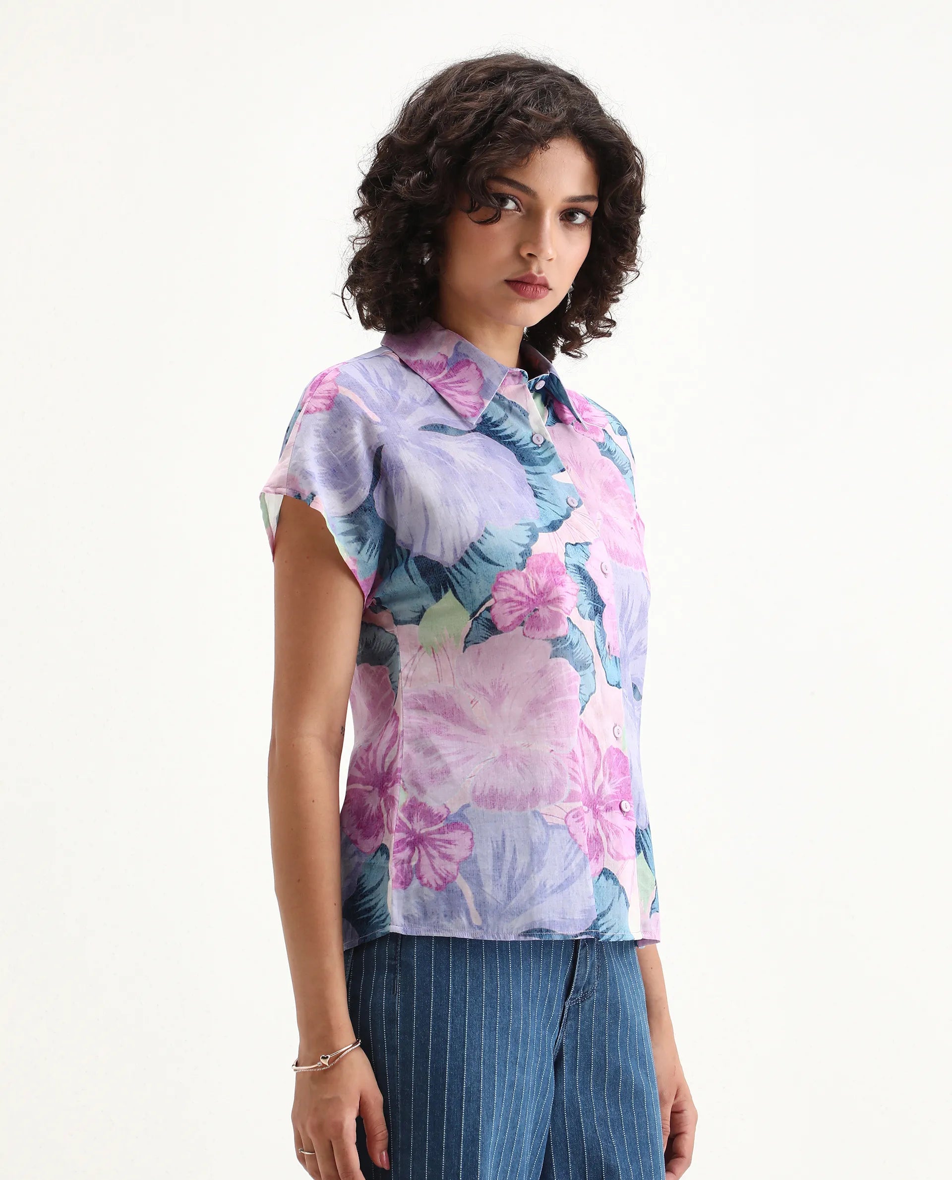 Rareism Women's Prell Multi Cotton Spread Collar Floral Print Sleeveless Regular Fit Top