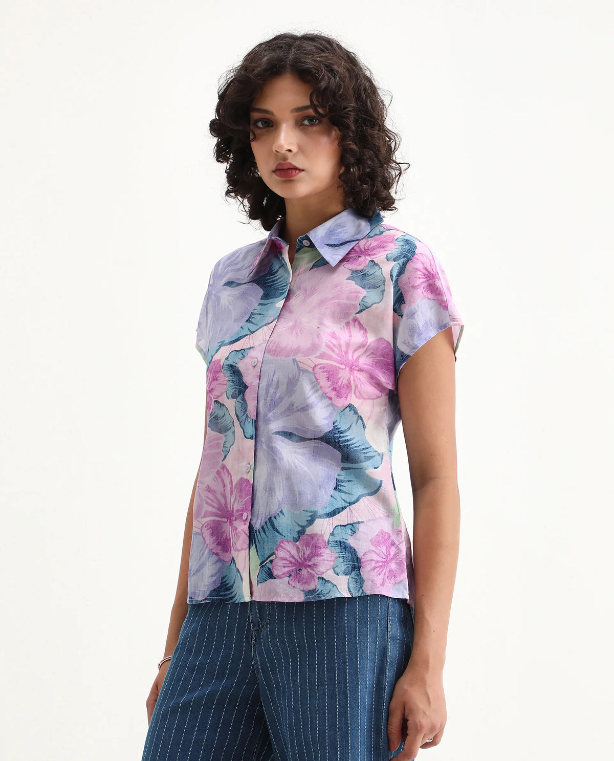 Rareism Women's Prell Multi Cotton Spread Collar Floral Print Sleeveless Regular Fit Top
