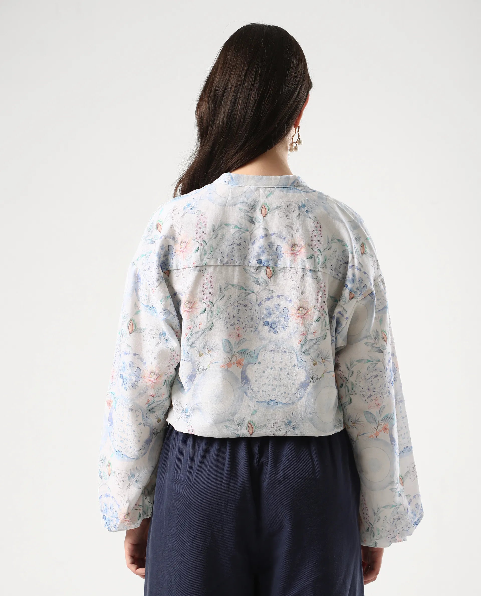 Rareism Women's Premer T Multi Cotton Blend Mandarin Collar Abstract Print Balloon Sleeve Regular Fit Top