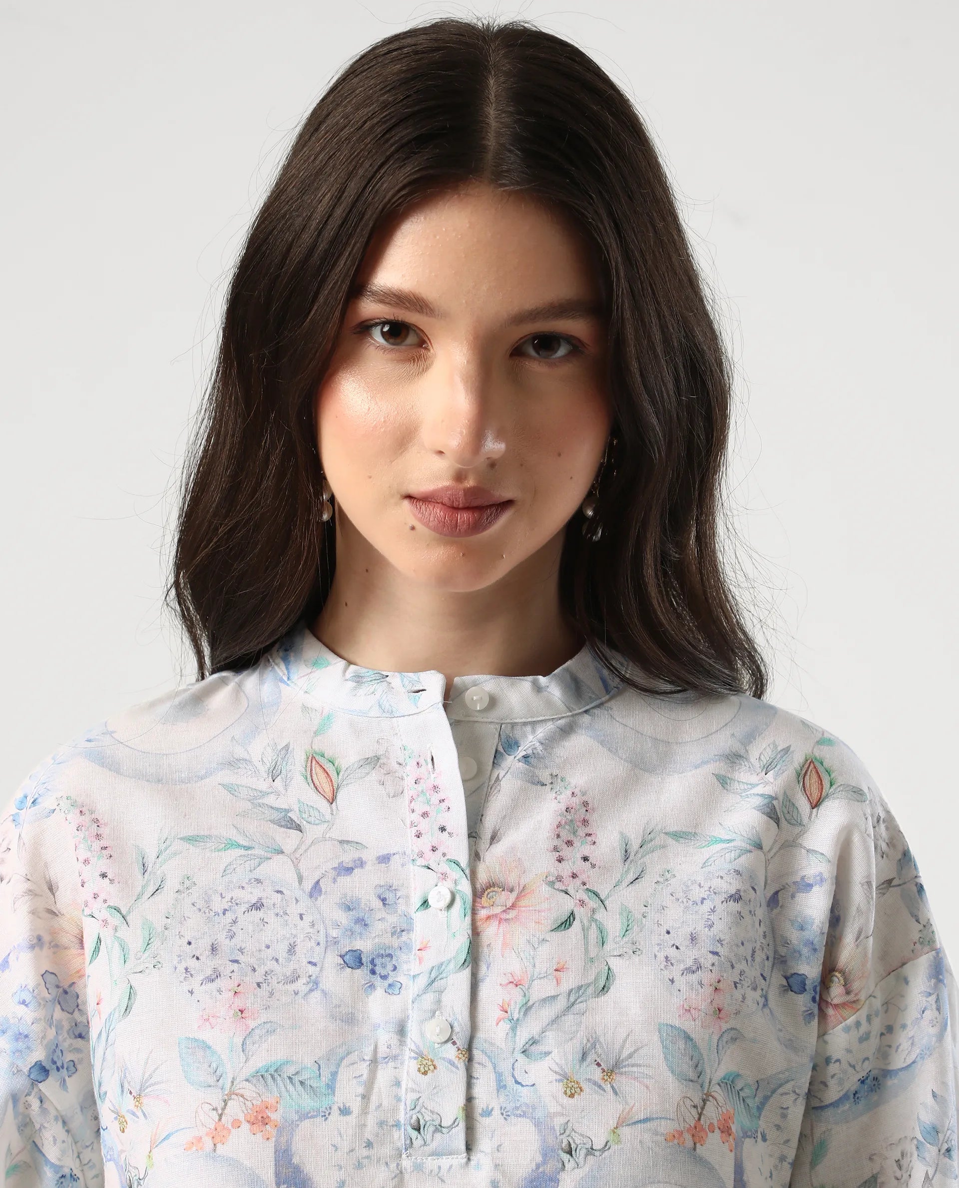 Rareism Women's Premer T Multi Cotton Blend Mandarin Collar Abstract Print Balloon Sleeve Regular Fit Top