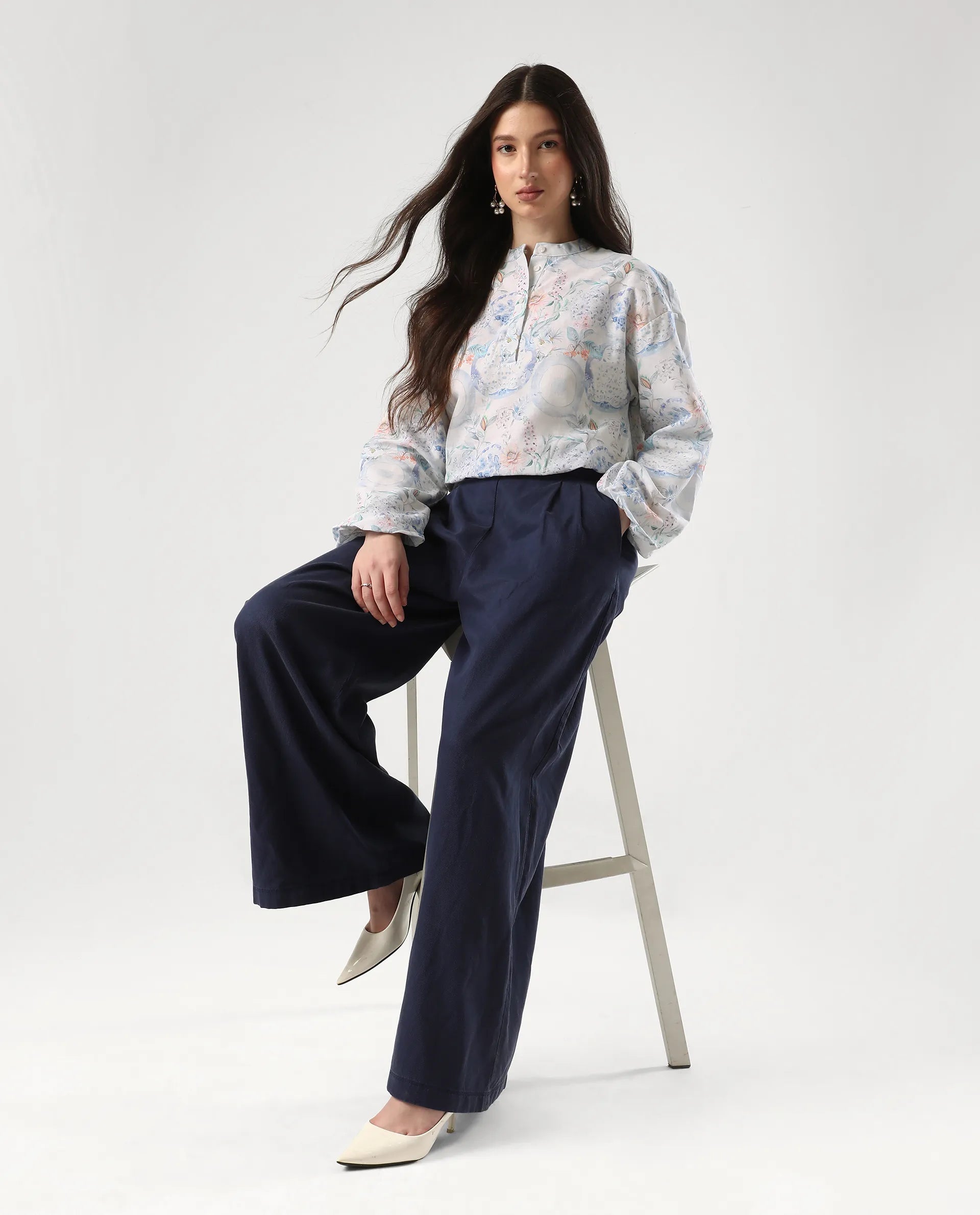 Rareism Women's Premer T Multi Cotton Blend Mandarin Collar Abstract Print Balloon Sleeve Regular Fit Top