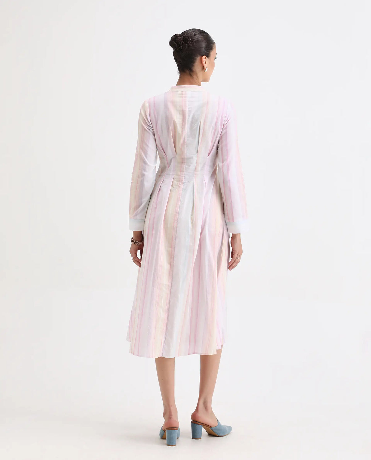 Rareism Women's Premty Multi Cotton Mandarin Collar Striped Cuffed Sleeve Maxi Flared Dress