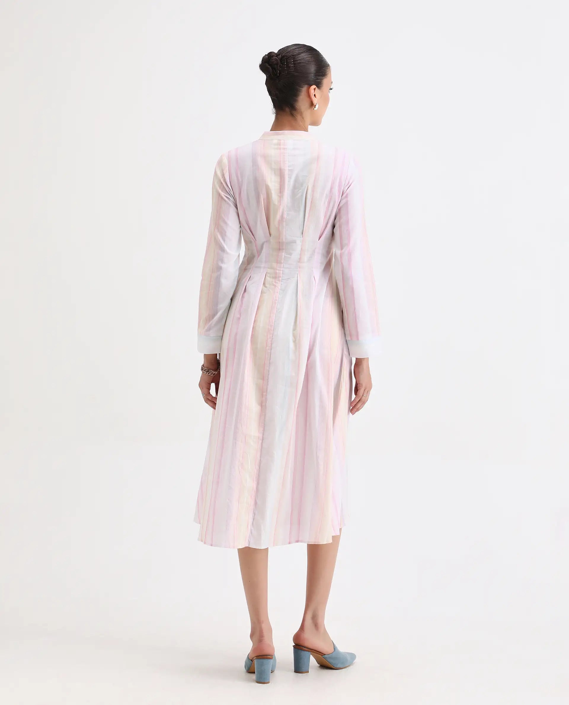 Rareism Women's Premty Multi Cotton Mandarin Collar Striped Cuffed Sleeve Maxi Flared Dress