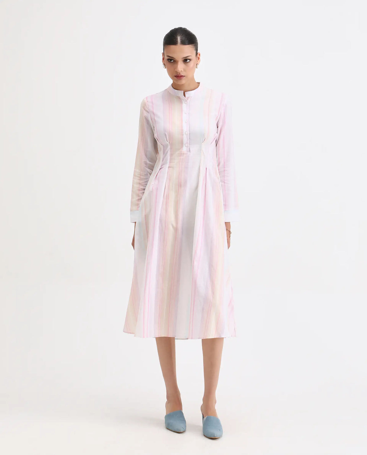 Rareism Women's Premty Multi Cotton Mandarin Collar Striped Cuffed Sleeve Maxi Flared Dress