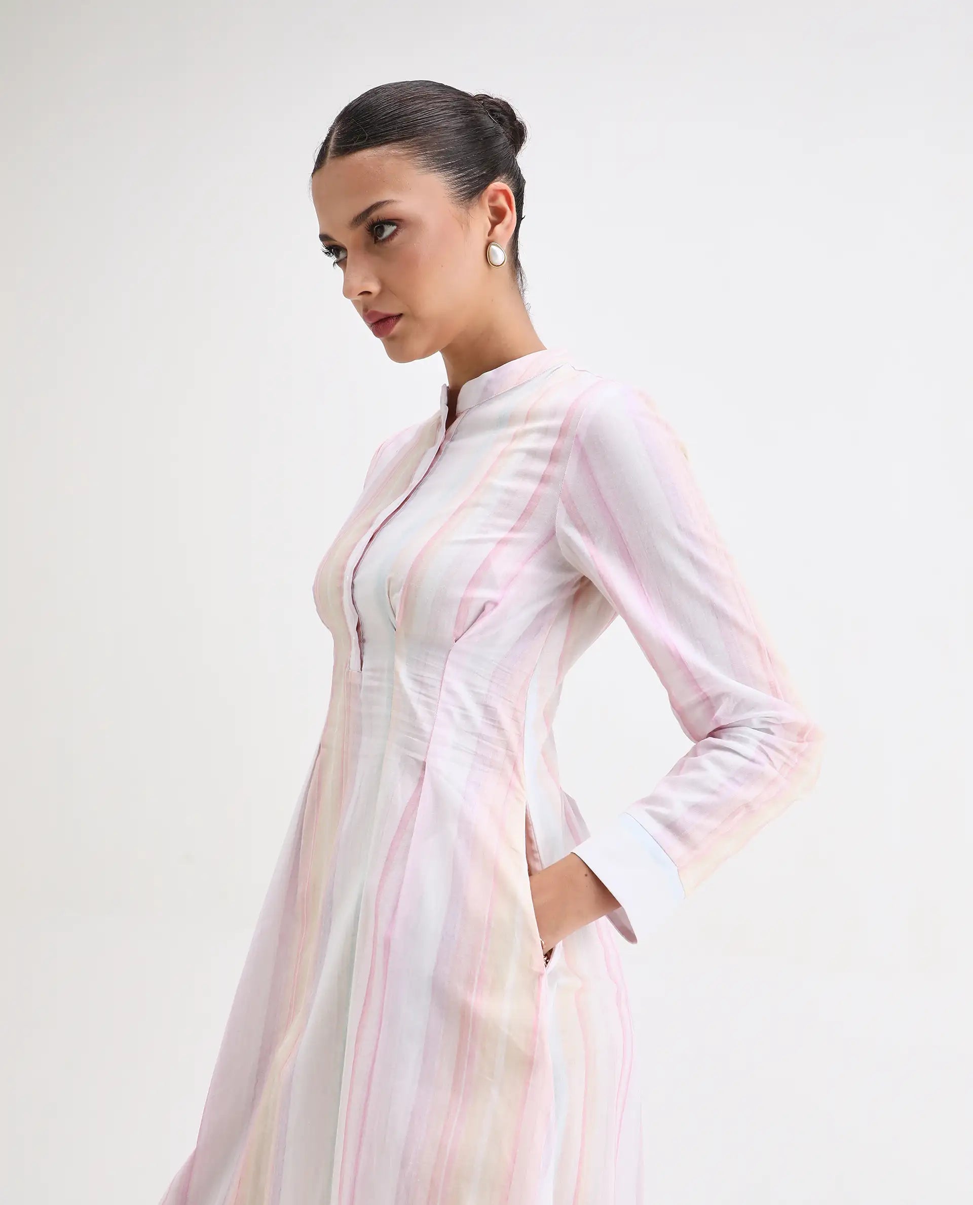 Rareism Women's Premty Multi Cotton Mandarin Collar Striped Cuffed Sleeve Maxi Flared Dress