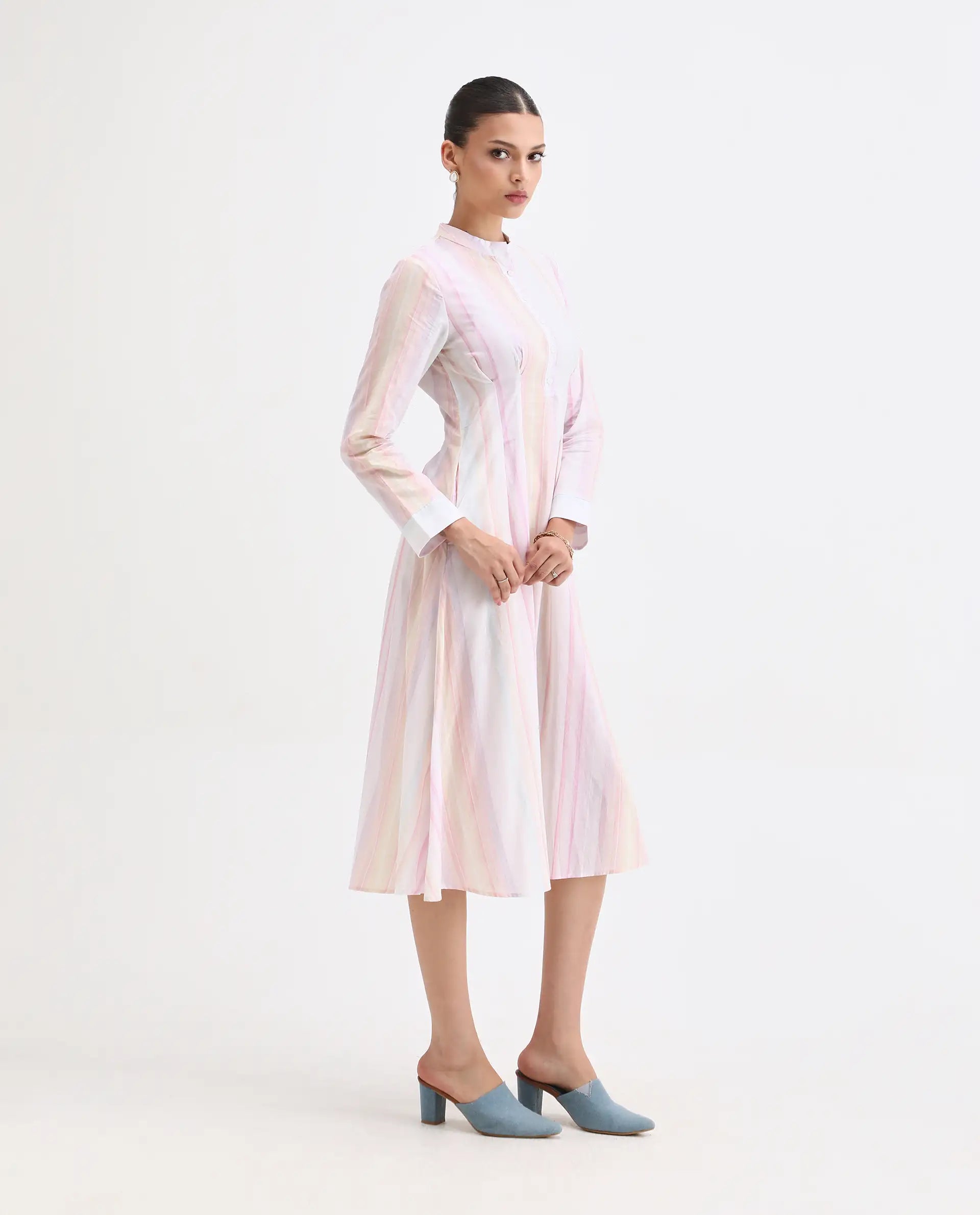 Rareism Women's Premty Multi Cotton Mandarin Collar Striped Cuffed Sleeve Maxi Flared Dress