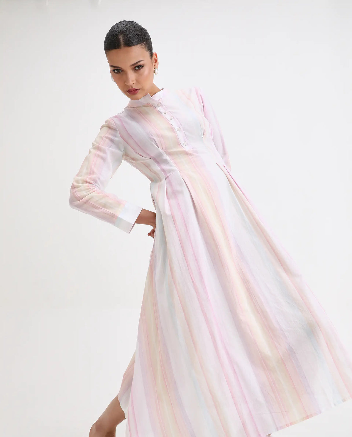 Rareism Women's Premty Multi Cotton Mandarin Collar Striped Cuffed Sleeve Maxi Flared Dress