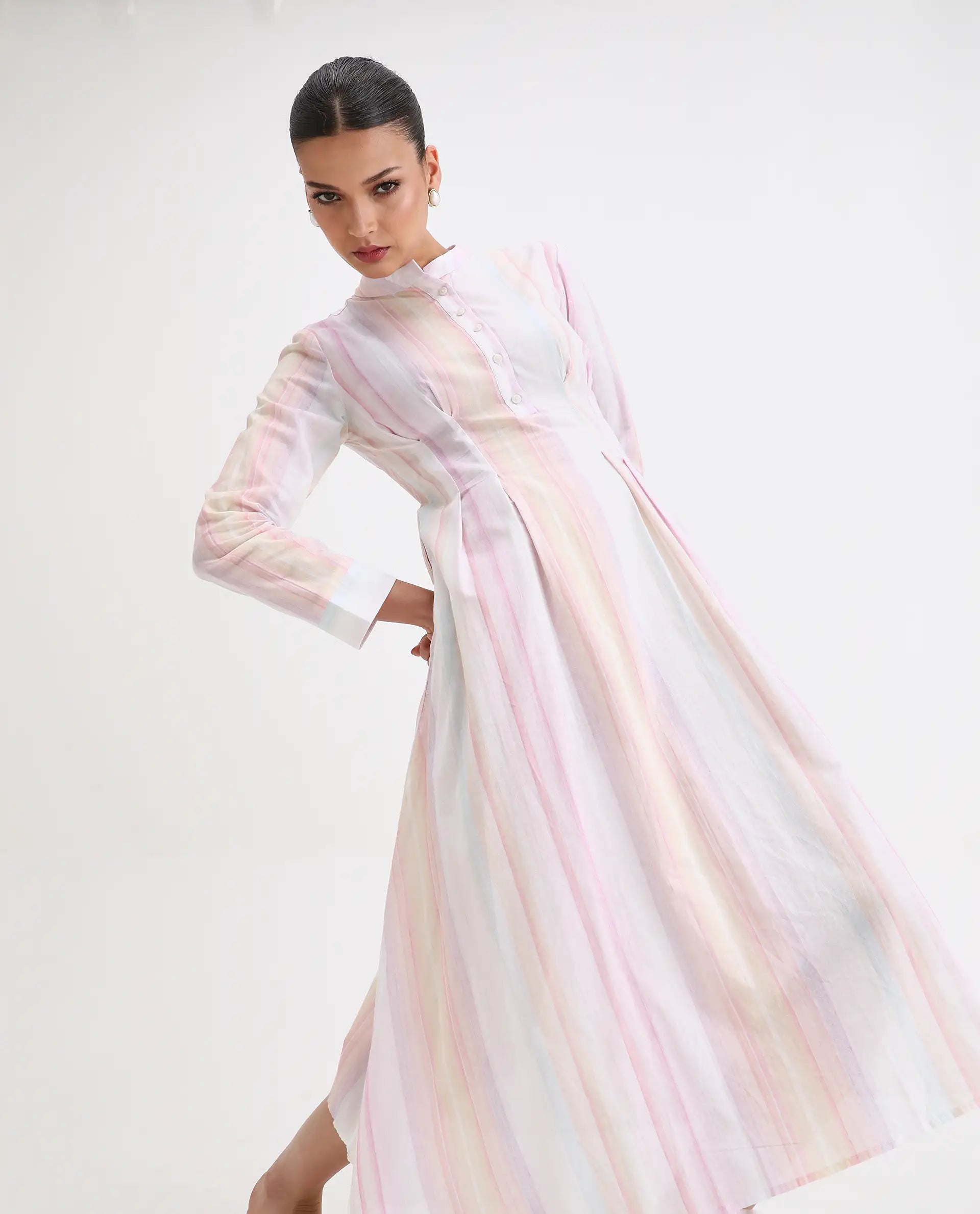 Rareism Women's Premty Multi Cotton Mandarin Collar Striped Cuffed Sleeve Maxi Flared Dress