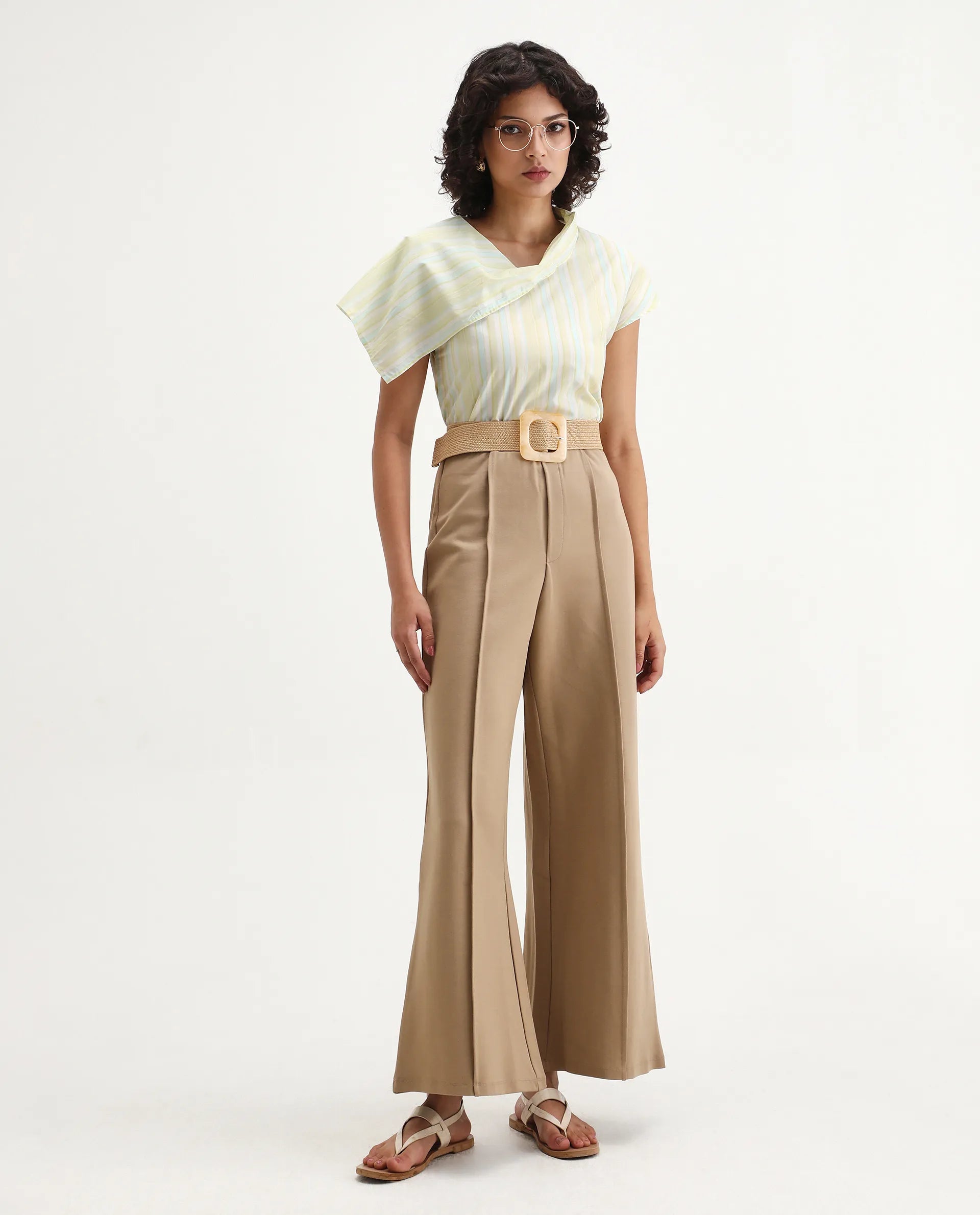 Rareism Women's Prerty Multi Cotton Asymmetric Neck Striped Extended Sleeves Crop Regular Fit Top