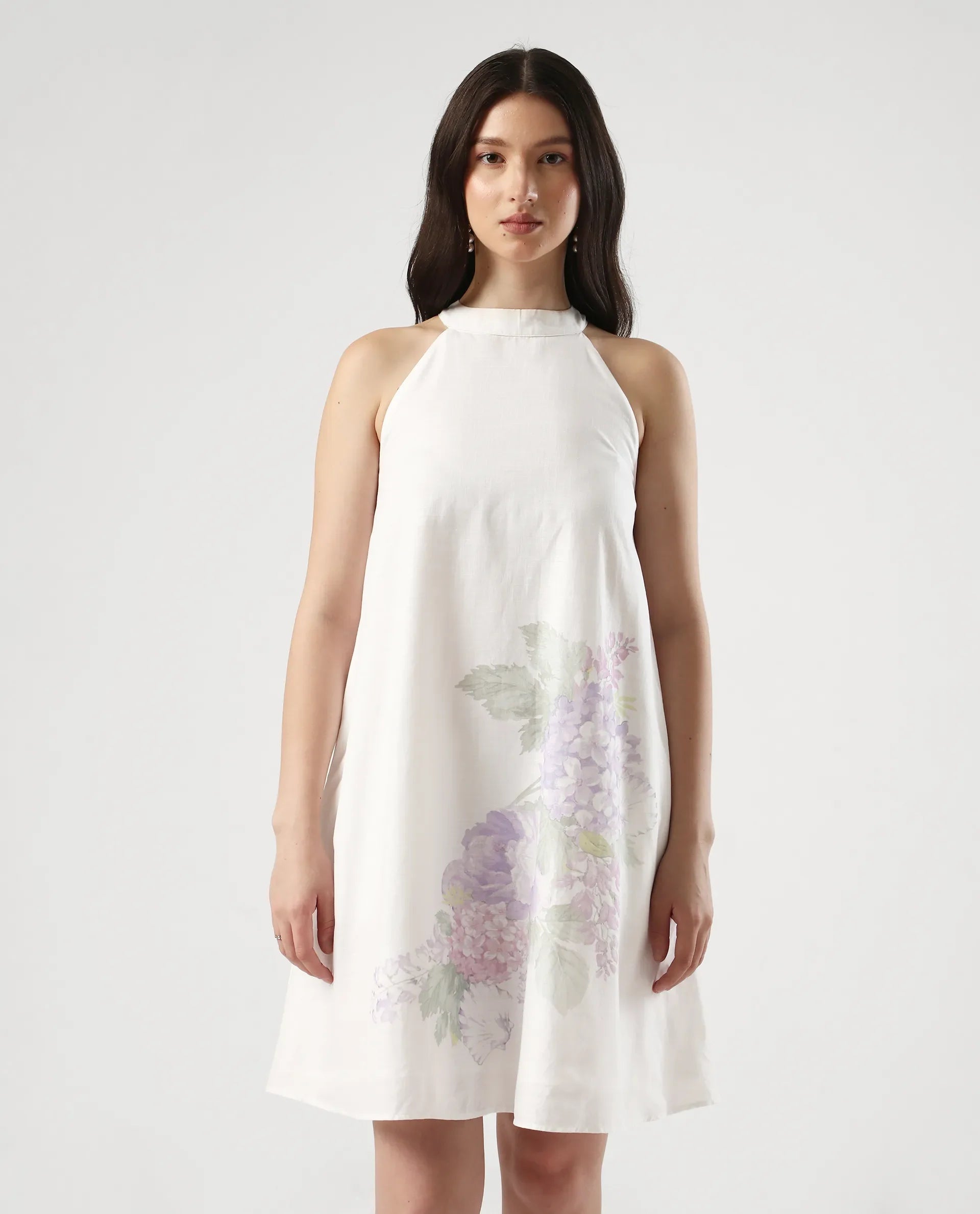 Rareism Women's Pret White Cotton Halter Neck Floral Print Sleeveless Mini Flared Dress