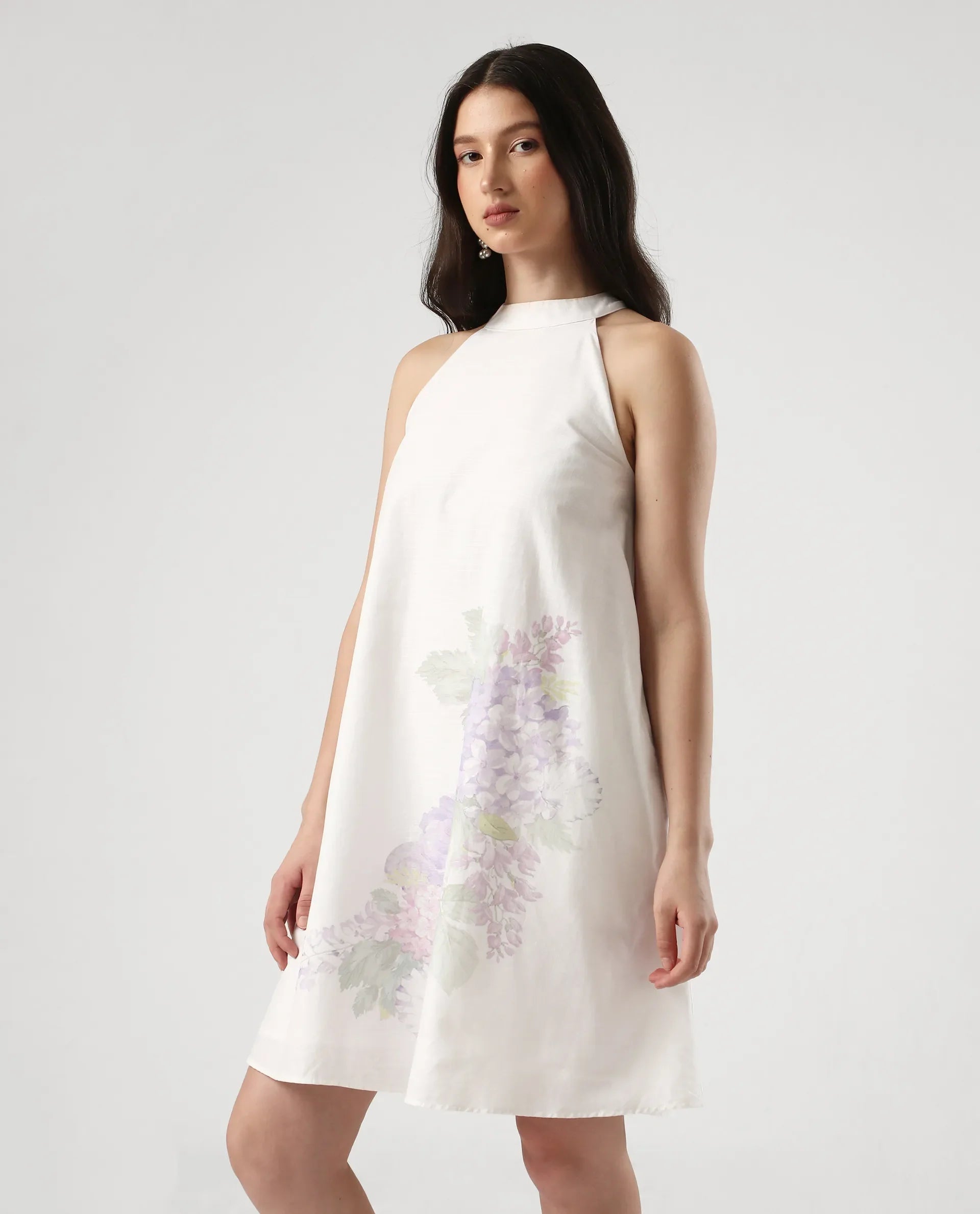 Rareism Women's Pret White Cotton Halter Neck Floral Print Sleeveless Mini Flared Dress