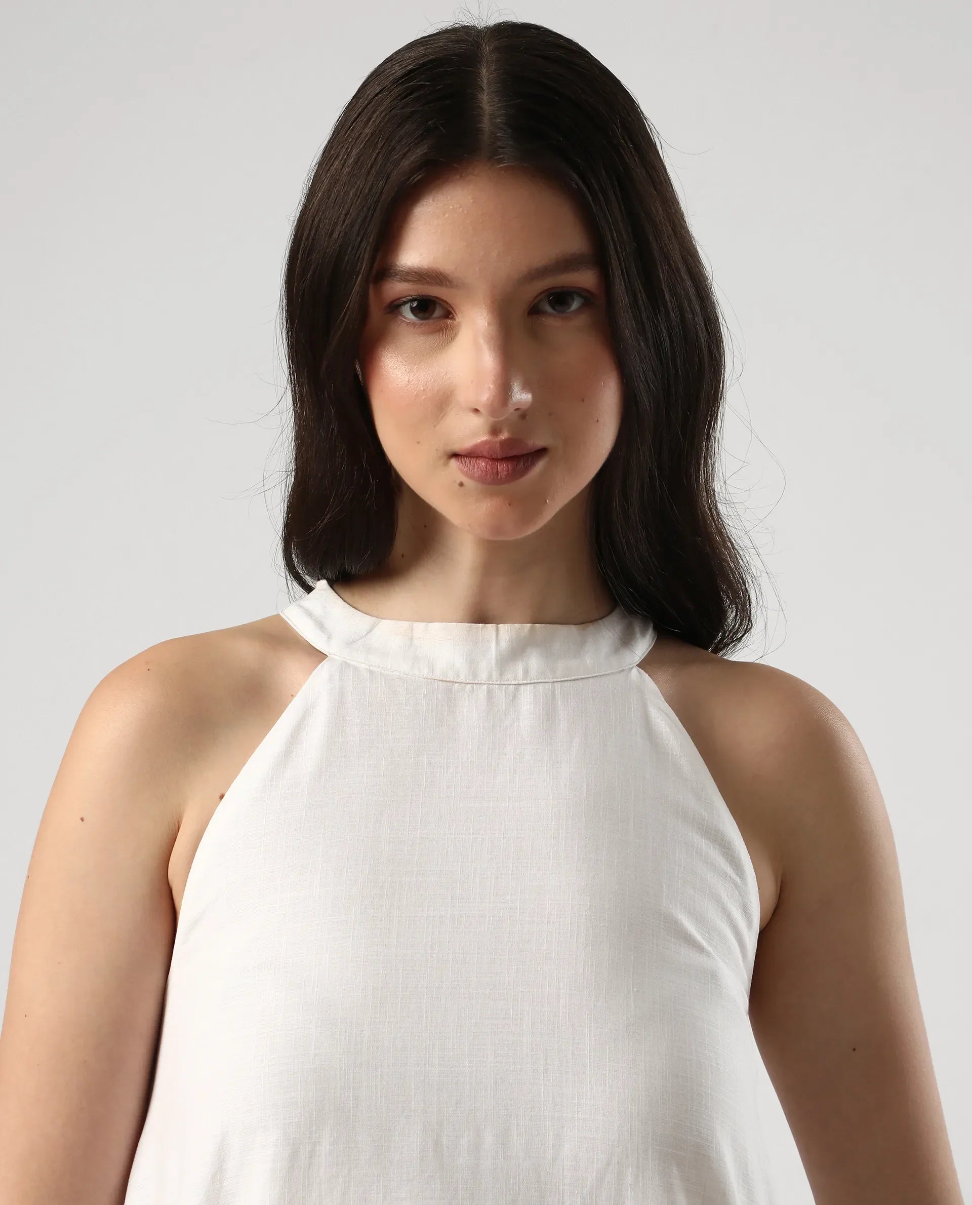 Rareism Women's Pret White Cotton Halter Neck Floral Print Sleeveless Mini Flared Dress