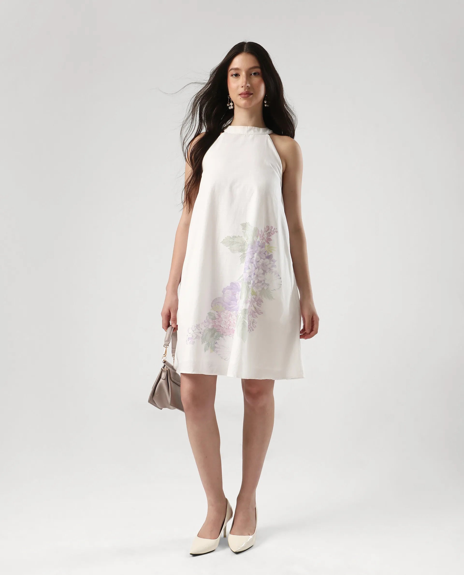 Rareism Women's Pret White Cotton Halter Neck Floral Print Sleeveless Mini Flared Dress